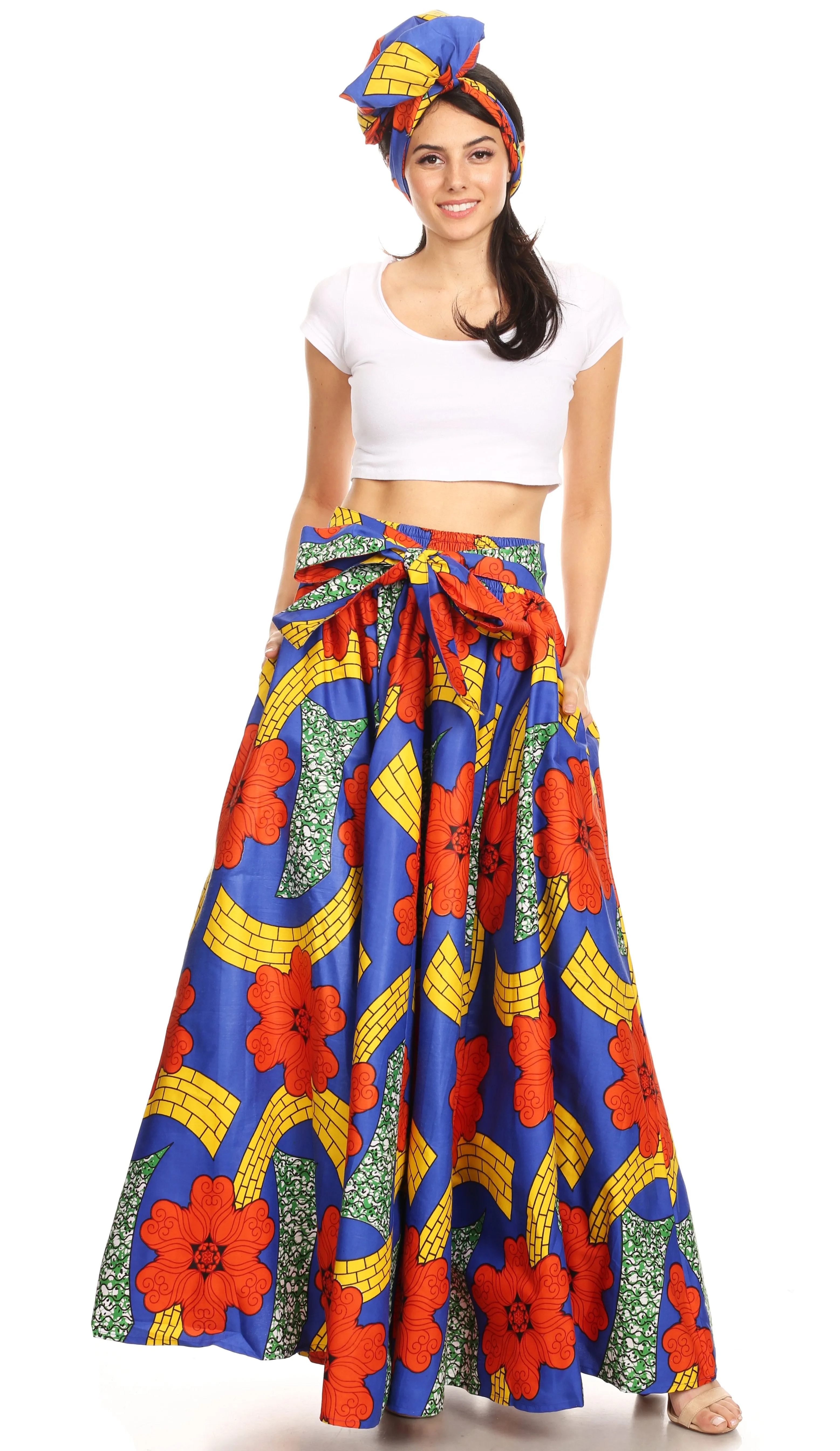 Sakkas Ami Women's Maxi Long African Ankara Print Skirt Pockets & Elastic Waist