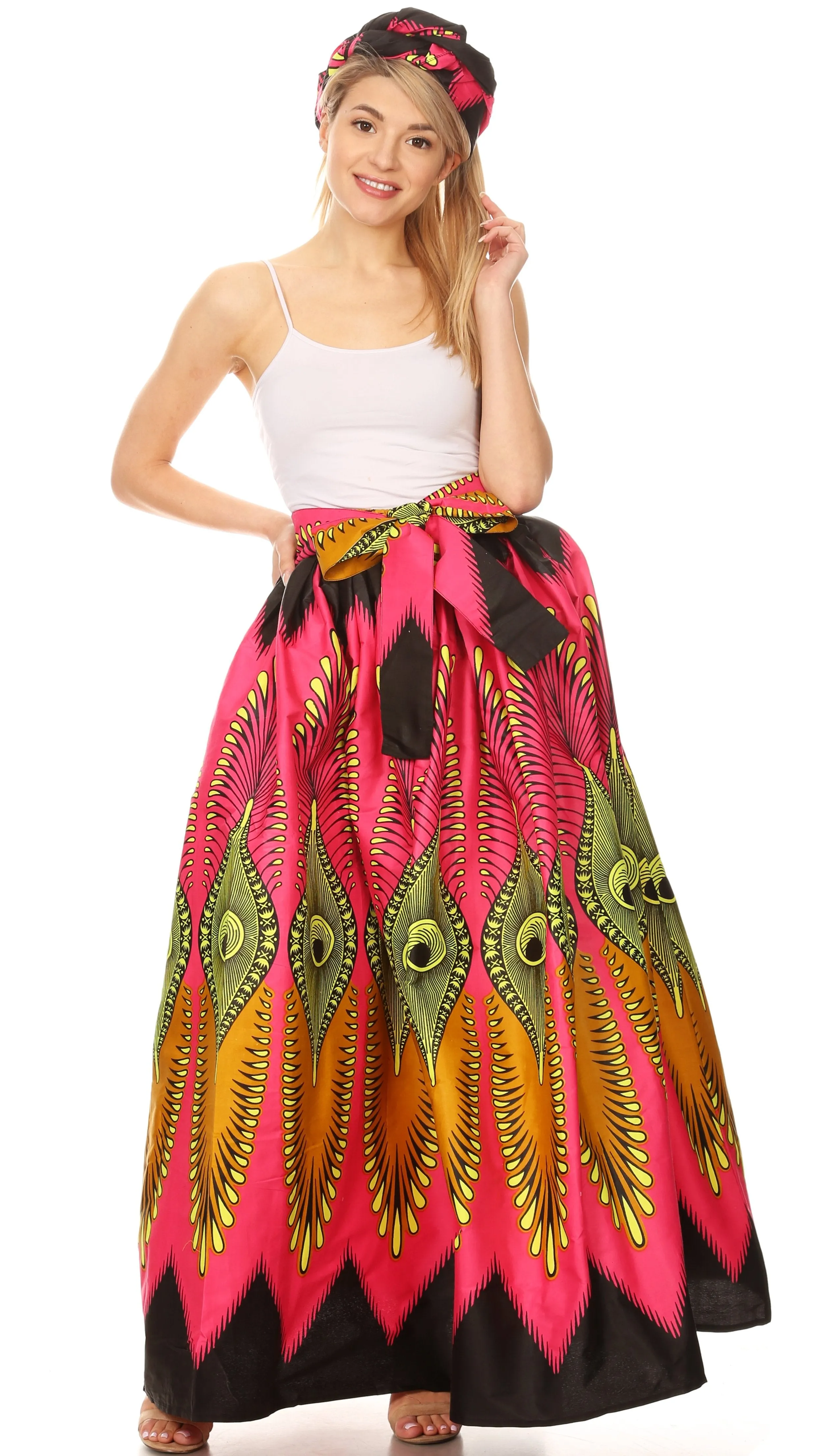 Sakkas Ami Women's Maxi Long African Ankara Print Skirt Pockets & Elastic Waist