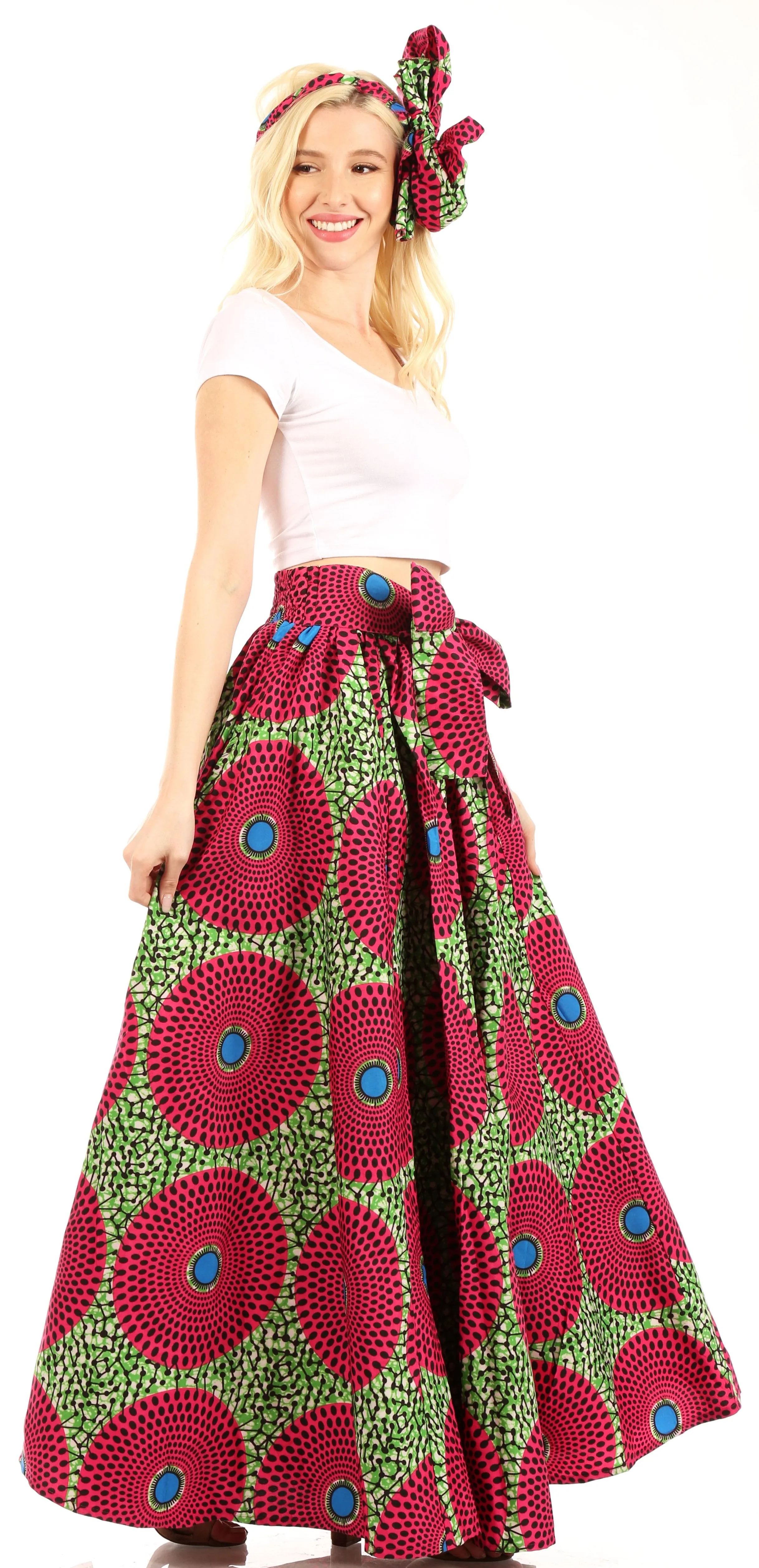 Sakkas Ami Women's Maxi Long African Ankara Print Skirt Pockets & Elastic Waist