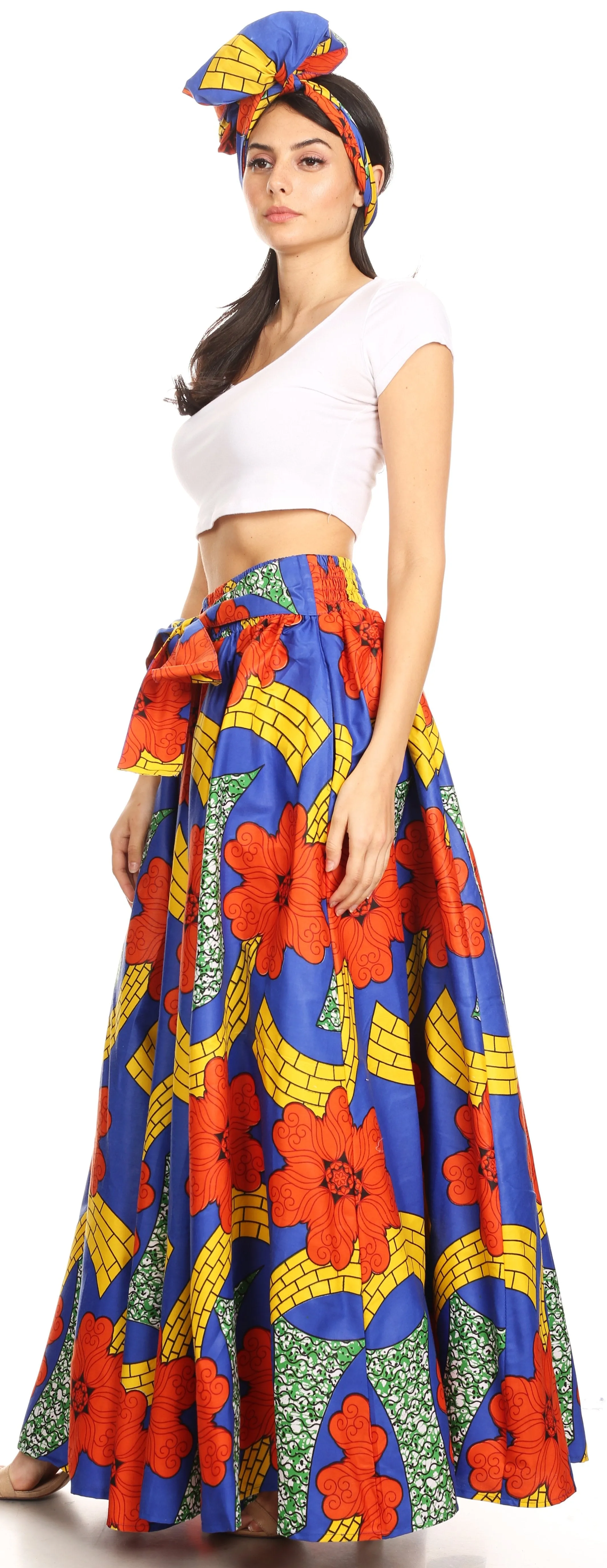 Sakkas Ami Women's Maxi Long African Ankara Print Skirt Pockets & Elastic Waist