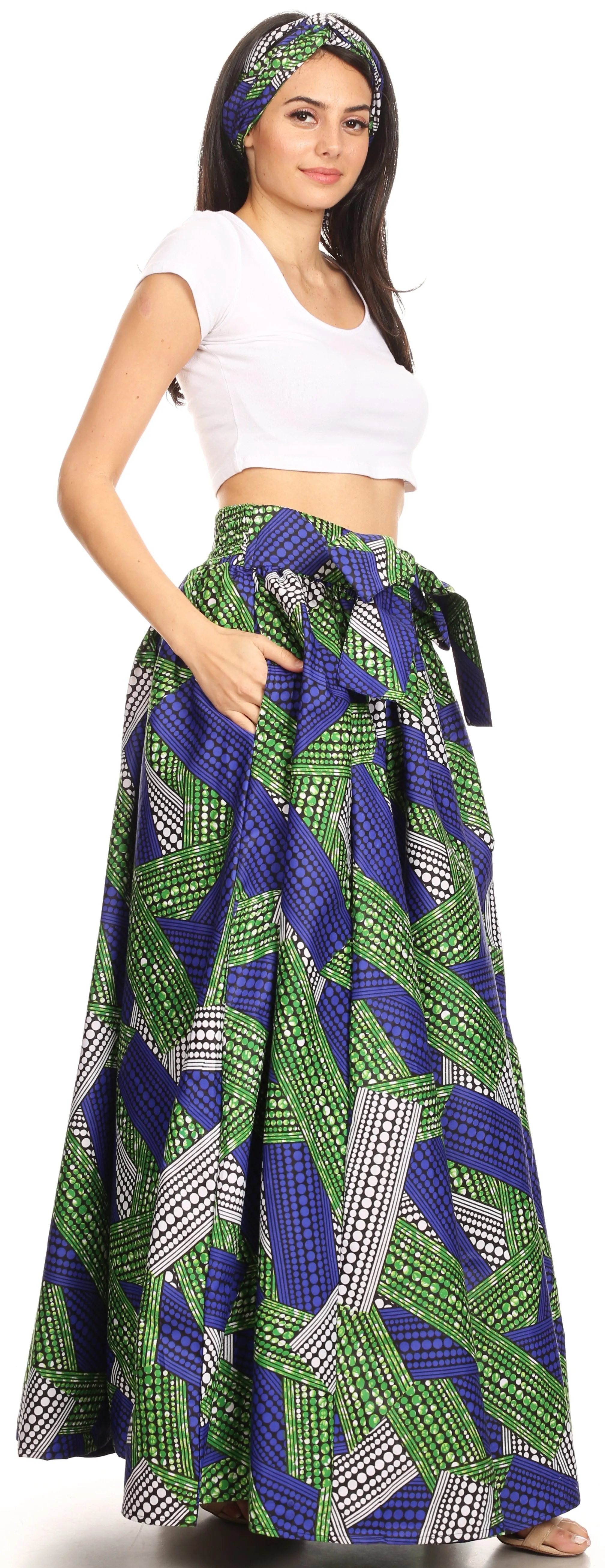 Sakkas Ami Women's Maxi Long African Ankara Print Skirt Pockets & Elastic Waist