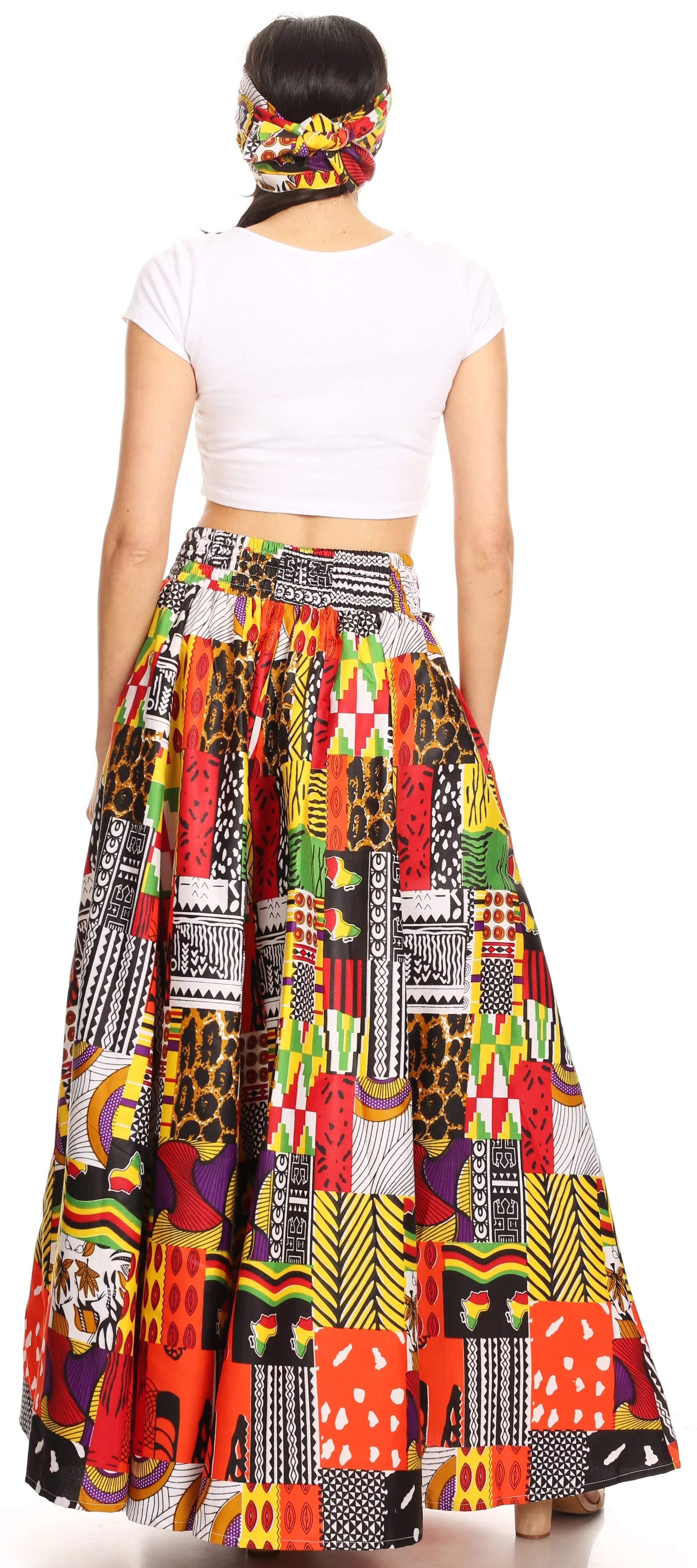 Sakkas Ami Women's Maxi Long African Ankara Print Skirt Pockets & Elastic Waist