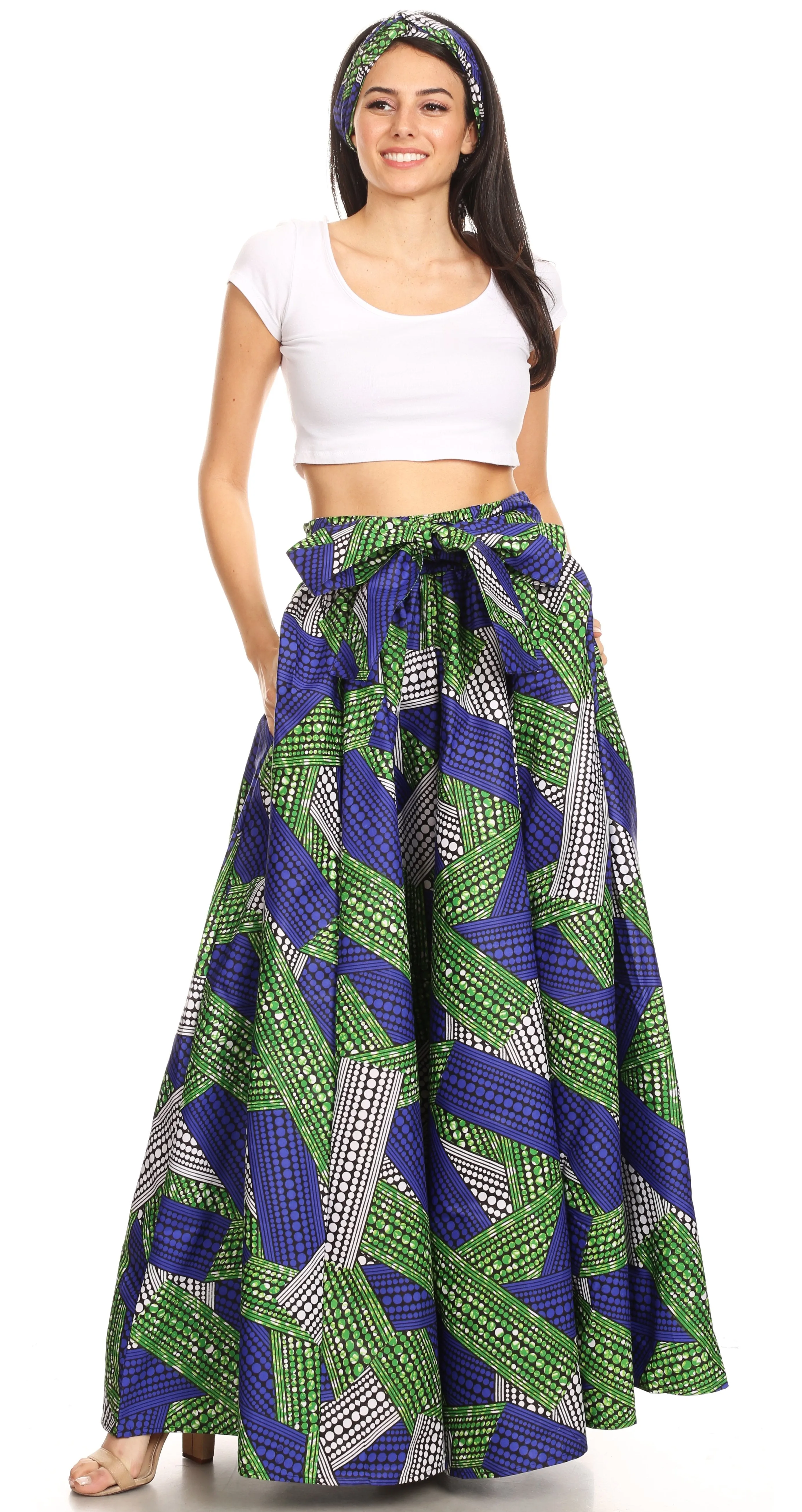 Sakkas Ami Women's Maxi Long African Ankara Print Skirt Pockets & Elastic Waist