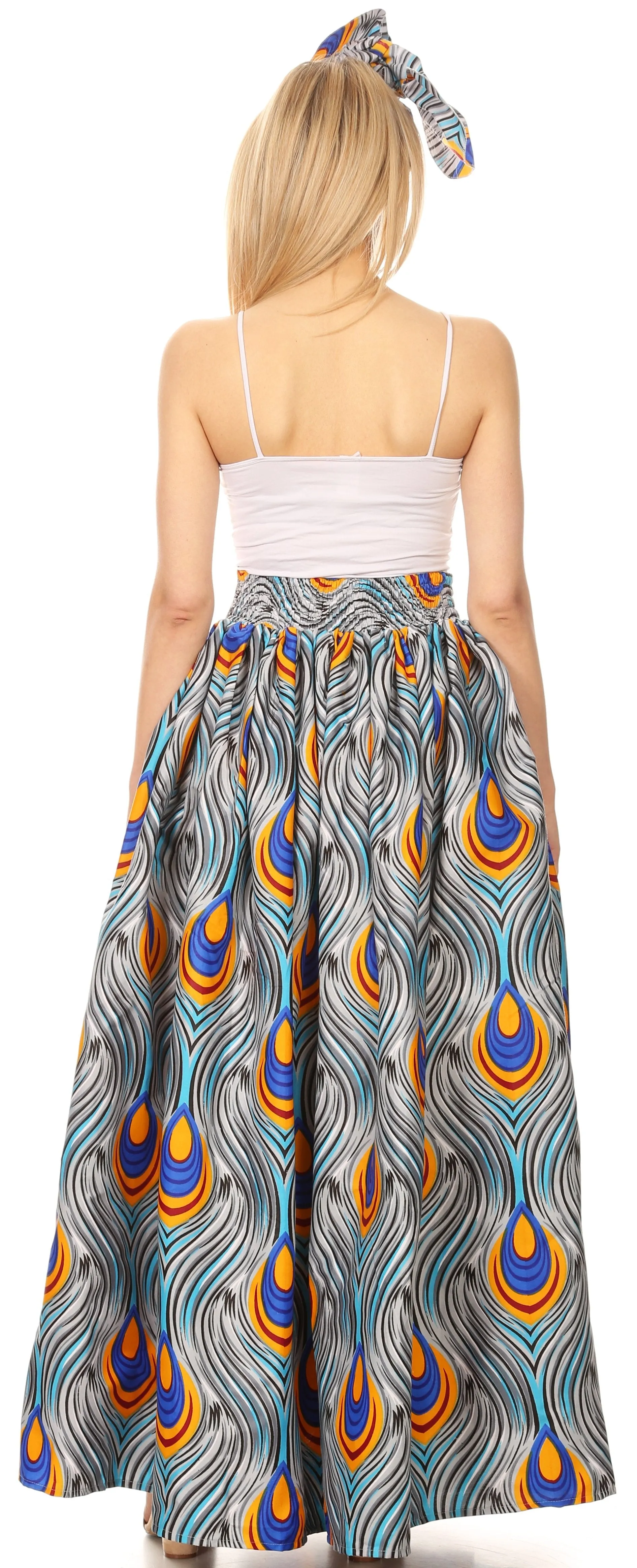 Sakkas Ami Women's Maxi Long African Ankara Print Skirt Pockets & Elastic Waist