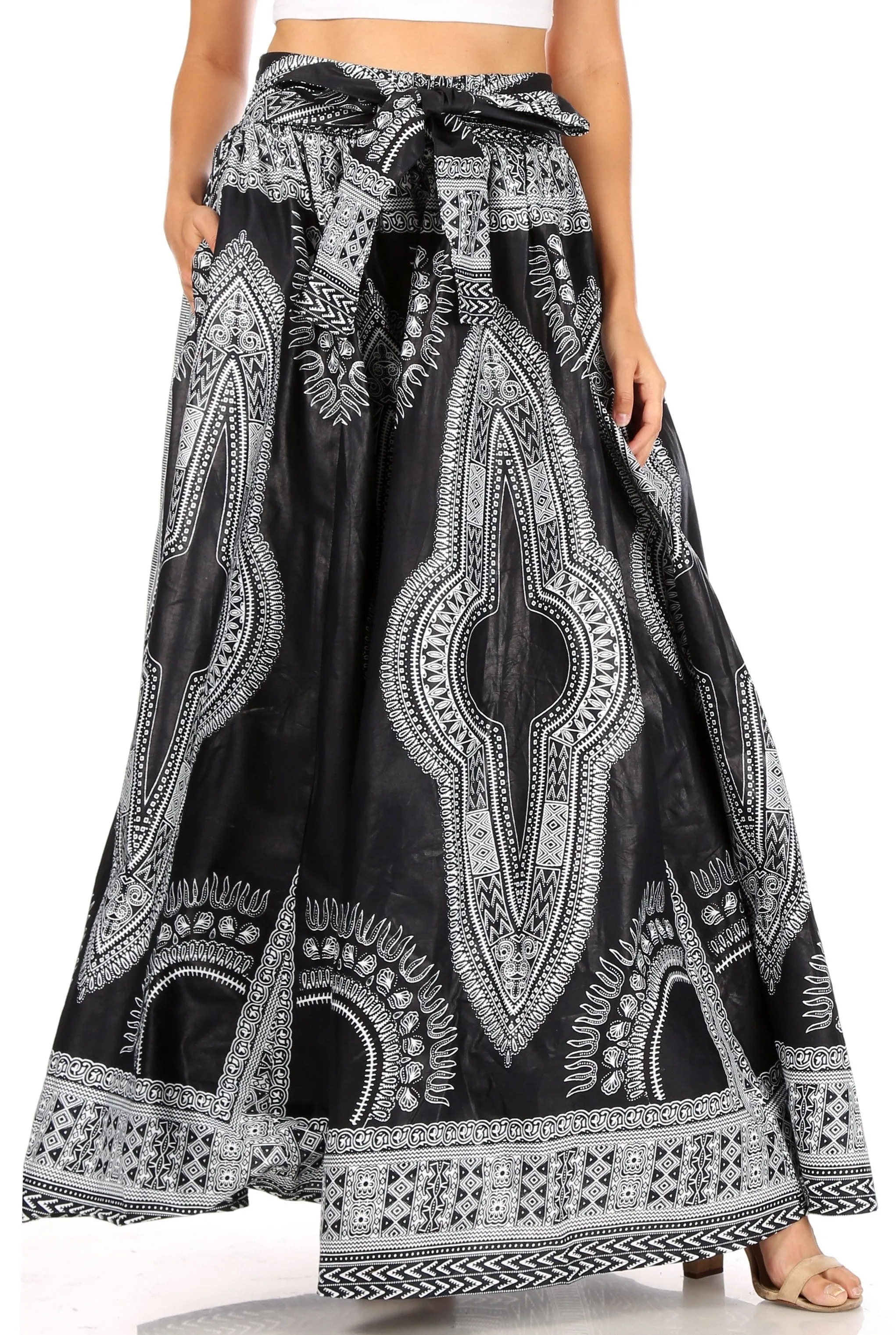 Sakkas Ami Women's Maxi Long African Ankara Print Skirt Pockets & Elastic Waist