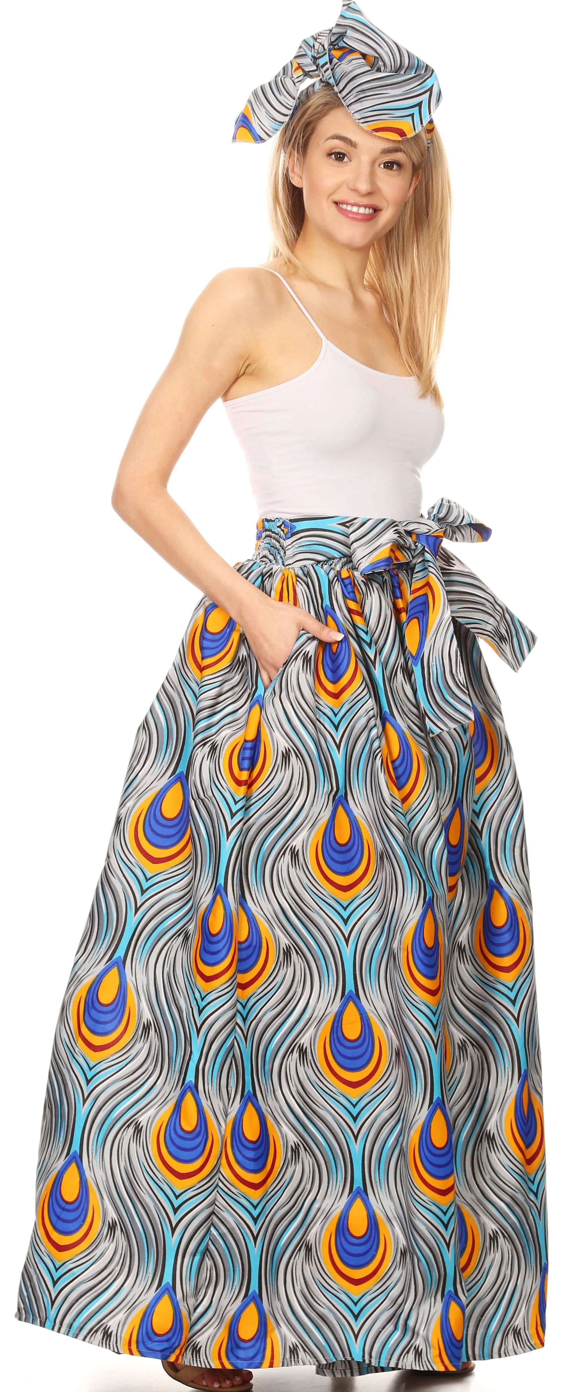 Sakkas Ami Women's Maxi Long African Ankara Print Skirt Pockets & Elastic Waist