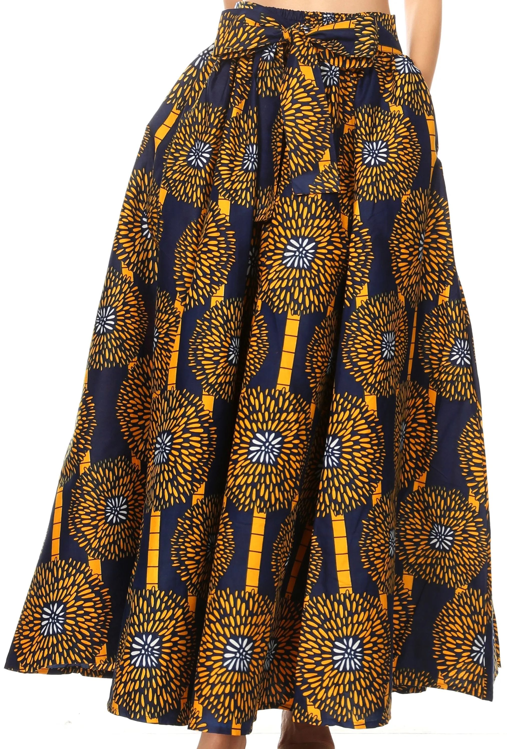 Sakkas Ami Women's Maxi Long African Ankara Print Skirt Pockets & Elastic Waist