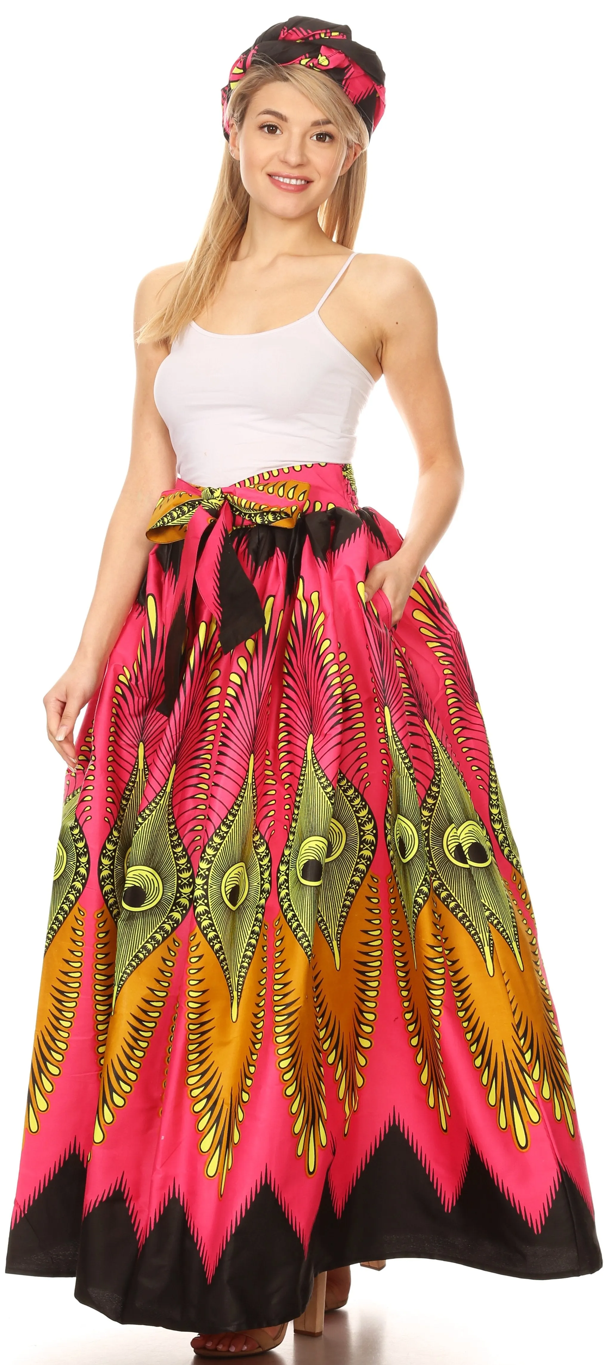 Sakkas Ami Women's Maxi Long African Ankara Print Skirt Pockets & Elastic Waist