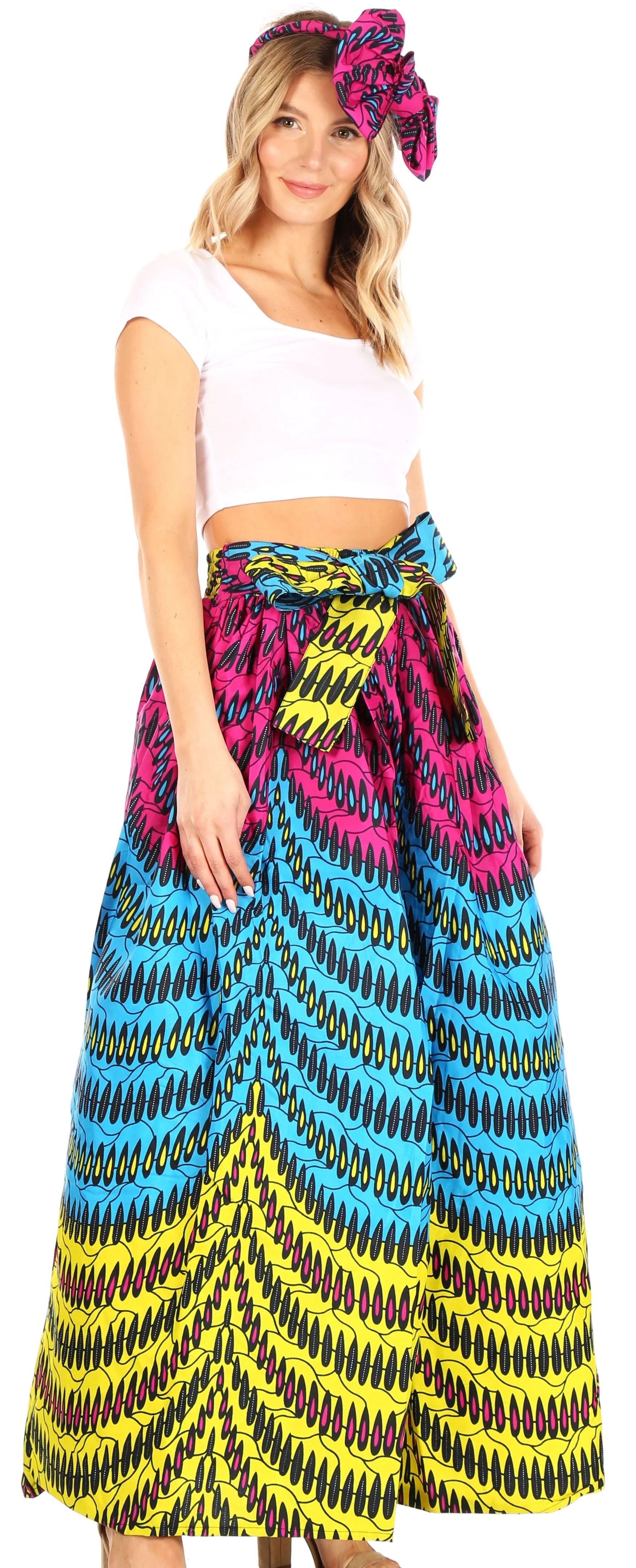 Sakkas Ami Women's Maxi Long African Ankara Print Skirt Pockets & Elastic Waist