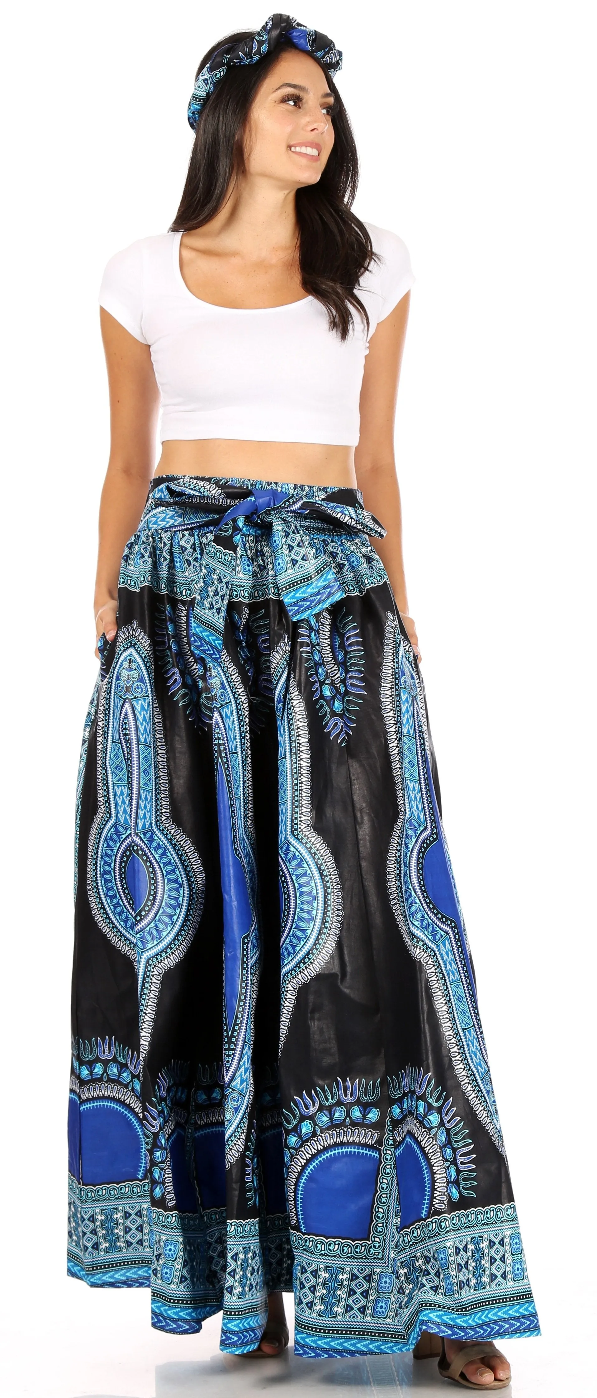 Sakkas Ami Women's Maxi Long African Ankara Print Skirt Pockets & Elastic Waist