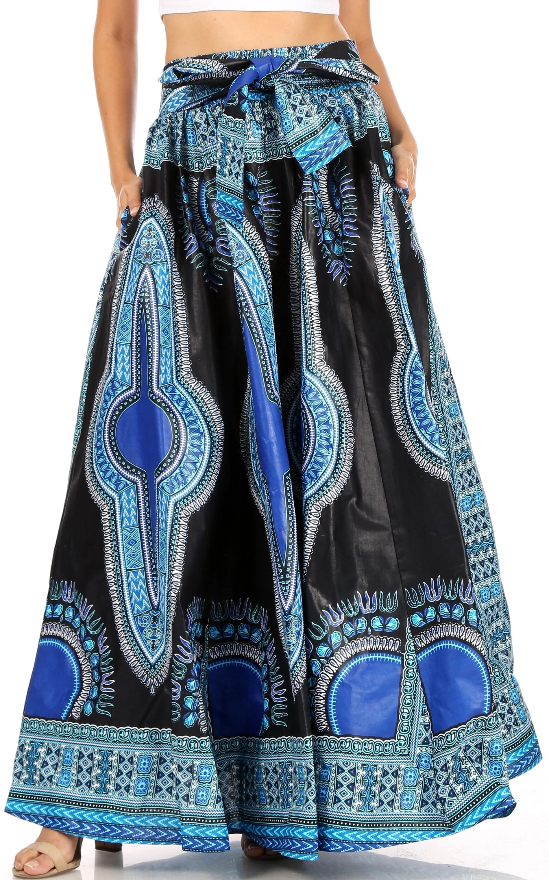 Sakkas Ami Women's Maxi Long African Ankara Print Skirt Pockets & Elastic Waist