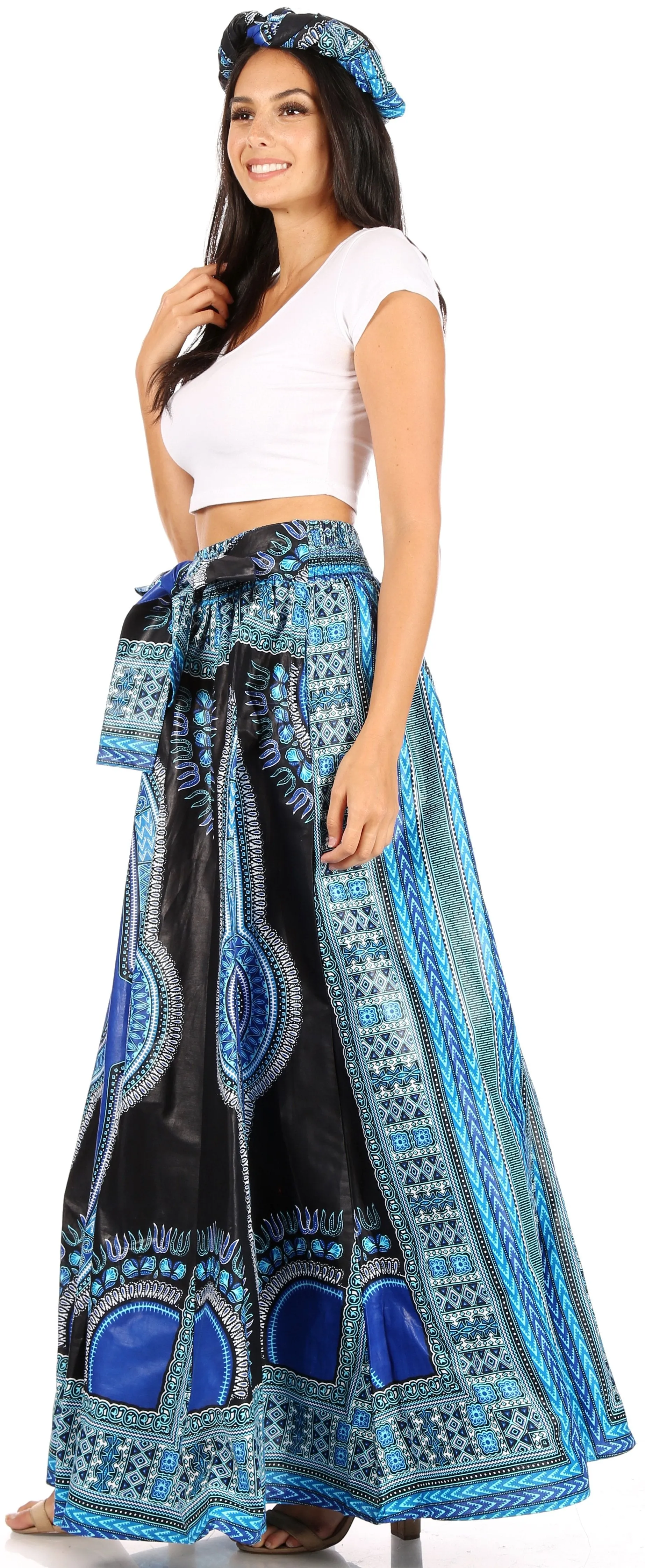 Sakkas Ami Women's Maxi Long African Ankara Print Skirt Pockets & Elastic Waist