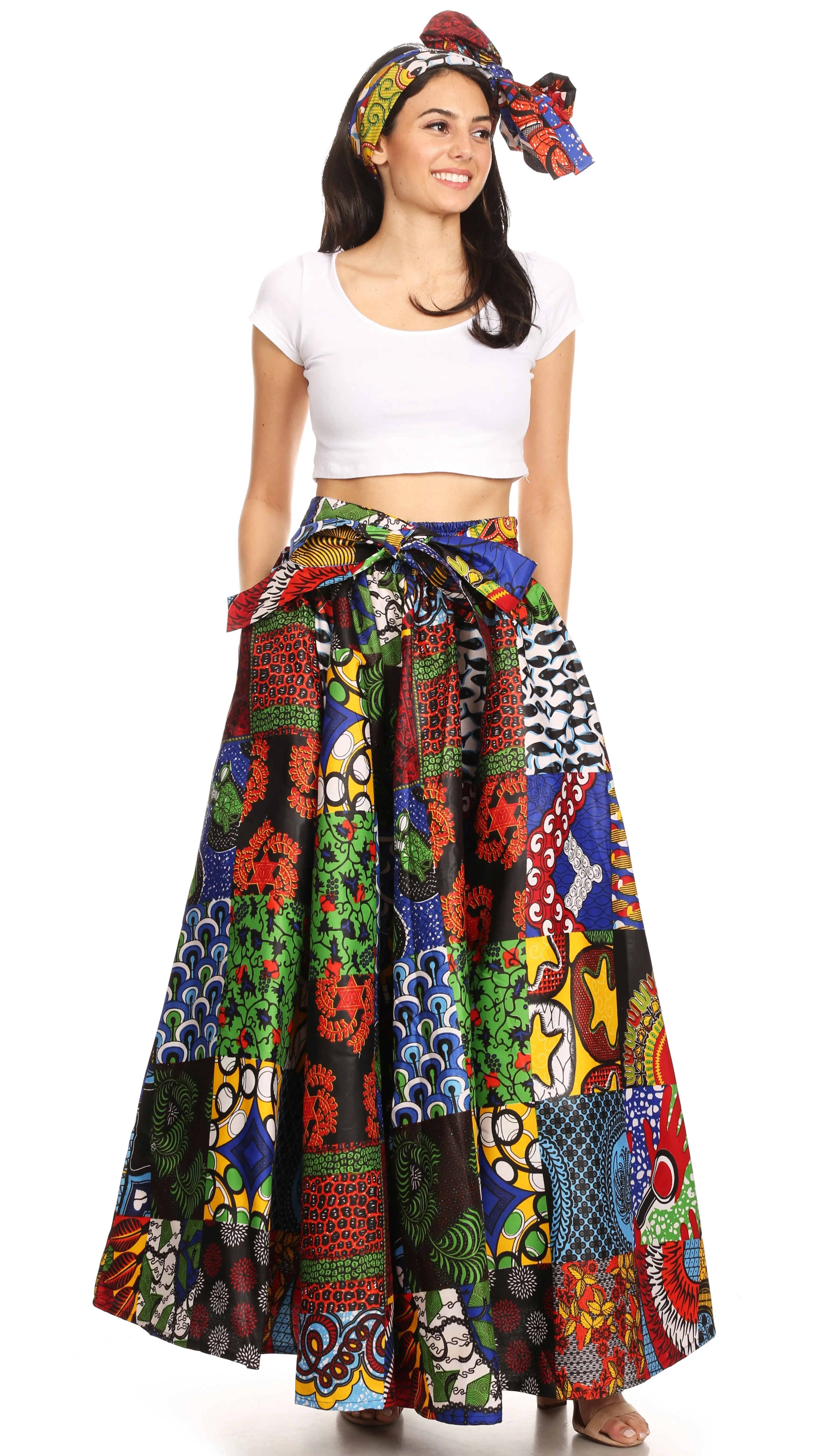 Sakkas Ami Women's Maxi Long African Ankara Print Skirt Pockets & Elastic Waist