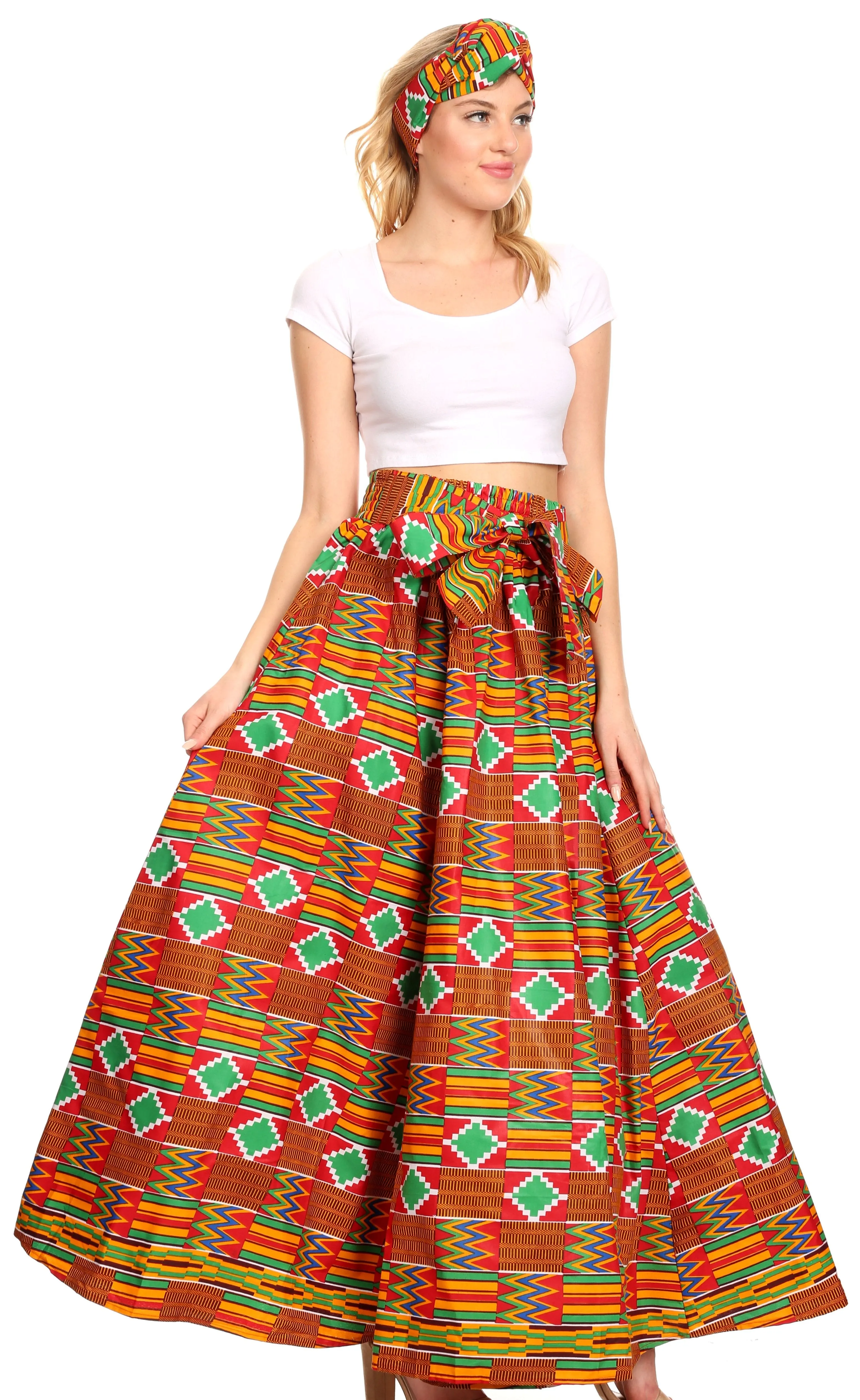 Sakkas Ami Women's Maxi Long African Ankara Print Skirt Pockets & Elastic Waist