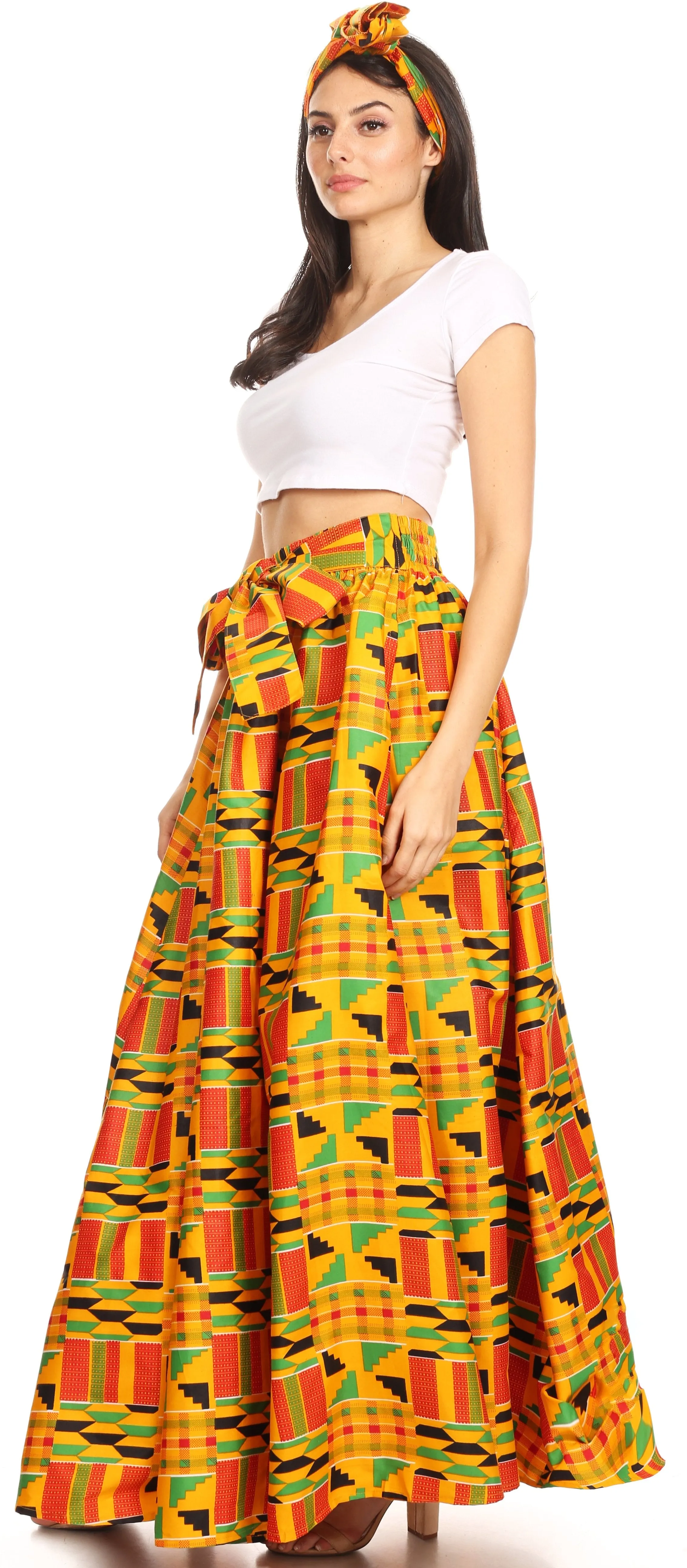 Sakkas Ami Women's Maxi Long African Ankara Print Skirt Pockets & Elastic Waist