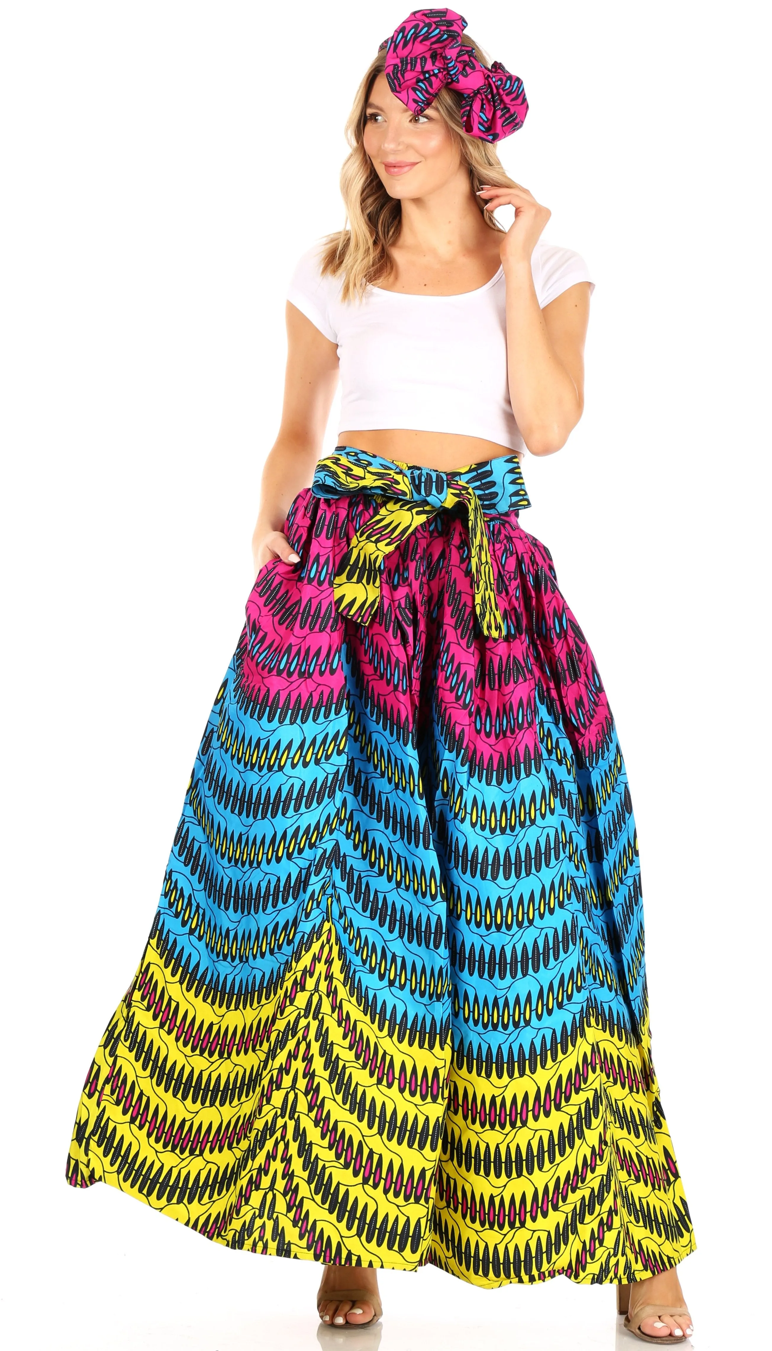 Sakkas Ami Women's Maxi Long African Ankara Print Skirt Pockets & Elastic Waist