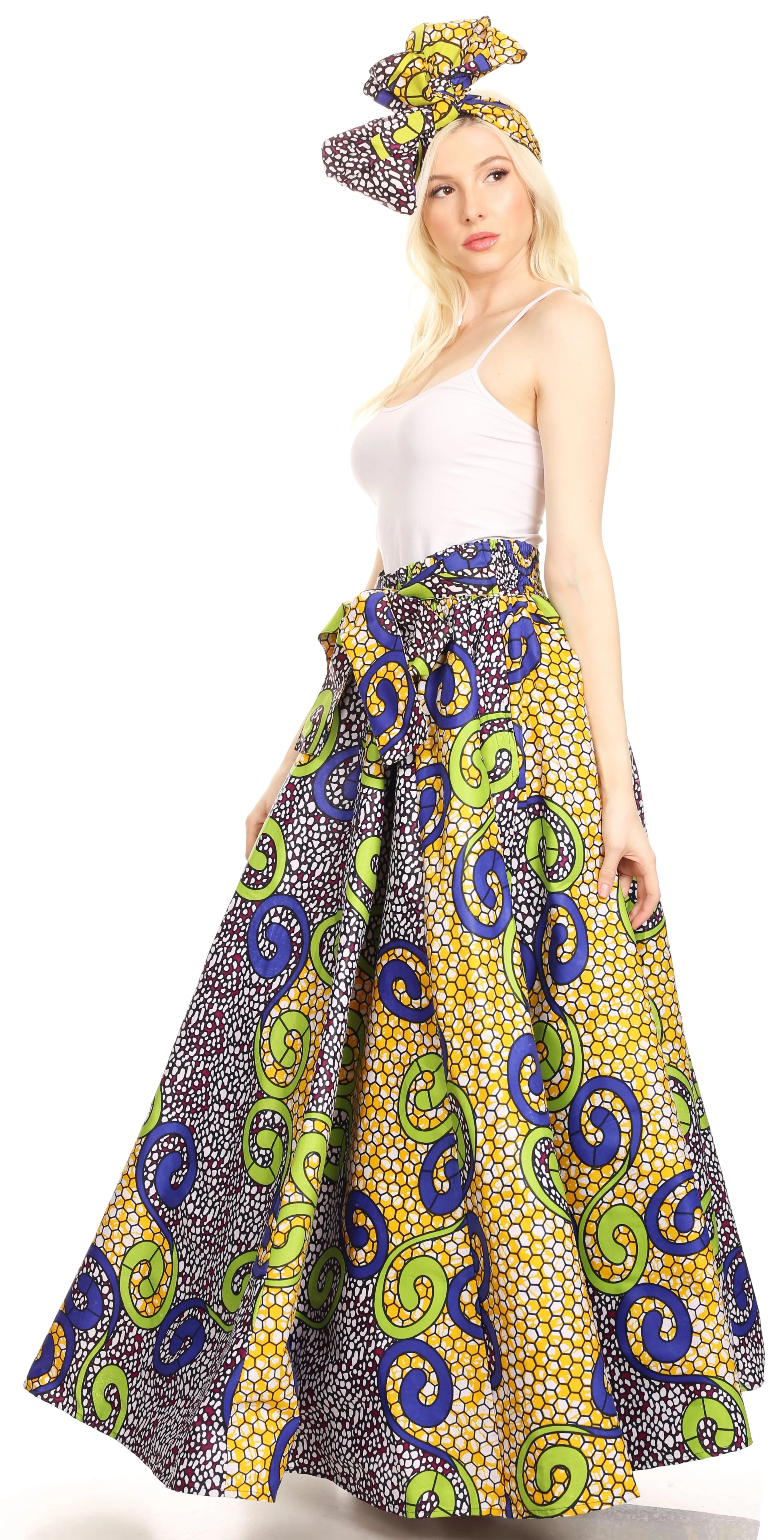 Sakkas Ami Women's Maxi Long African Ankara Print Skirt Pockets & Elastic Waist