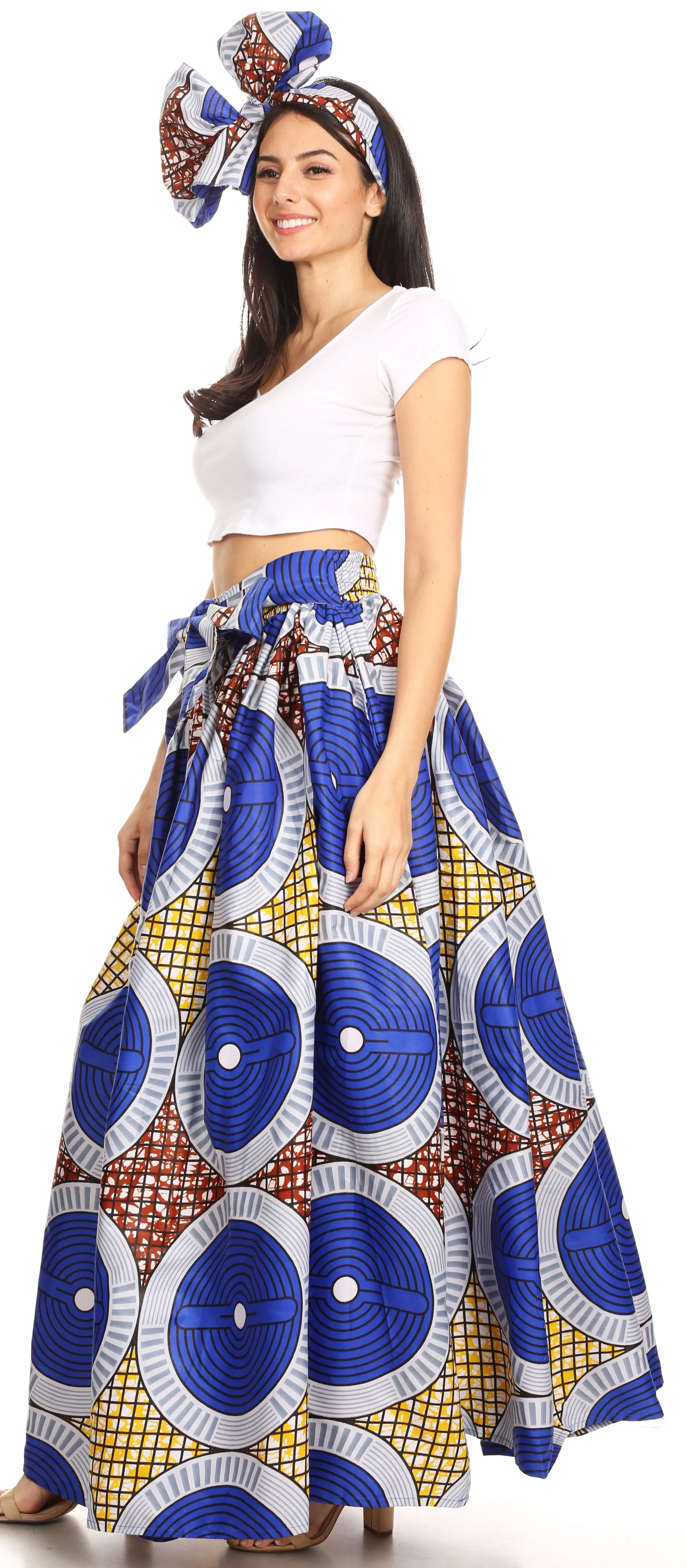 Sakkas Ami Women's Maxi Long African Ankara Print Skirt Pockets & Elastic Waist