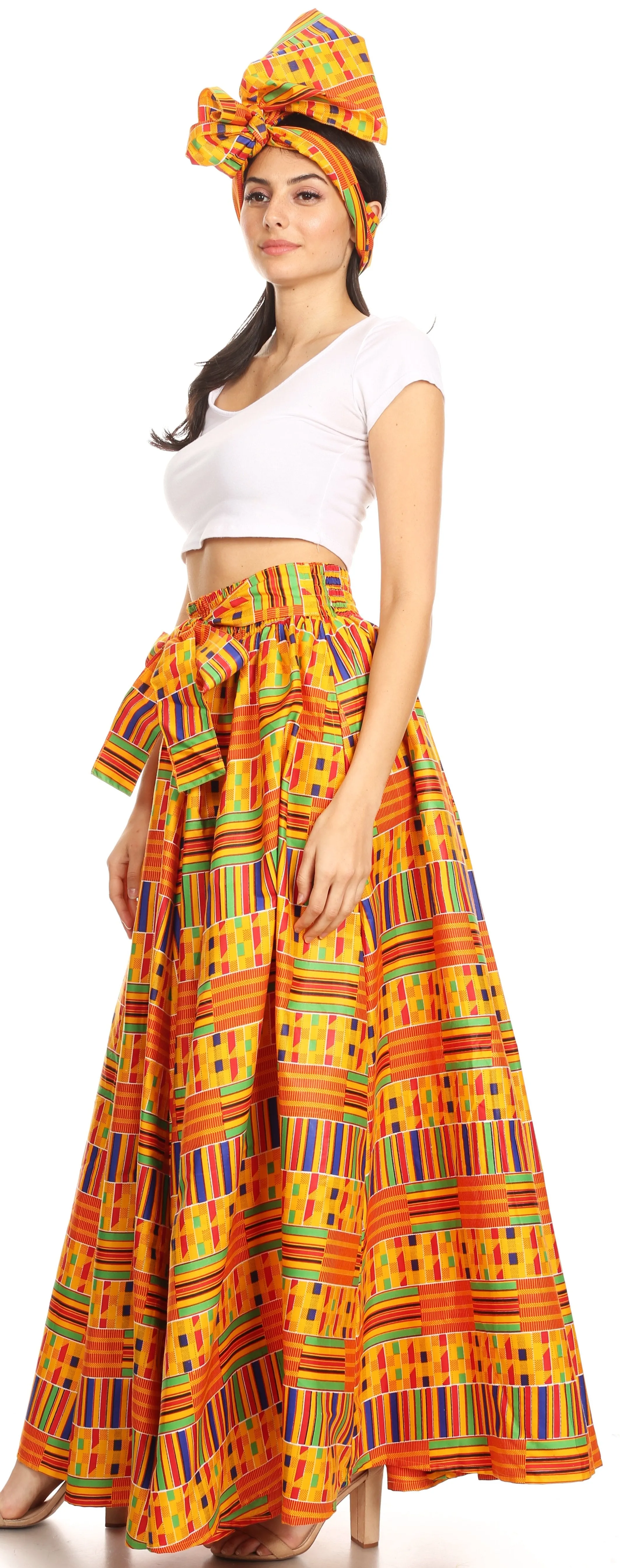 Sakkas Ami Women's Maxi Long African Ankara Print Skirt Pockets & Elastic Waist