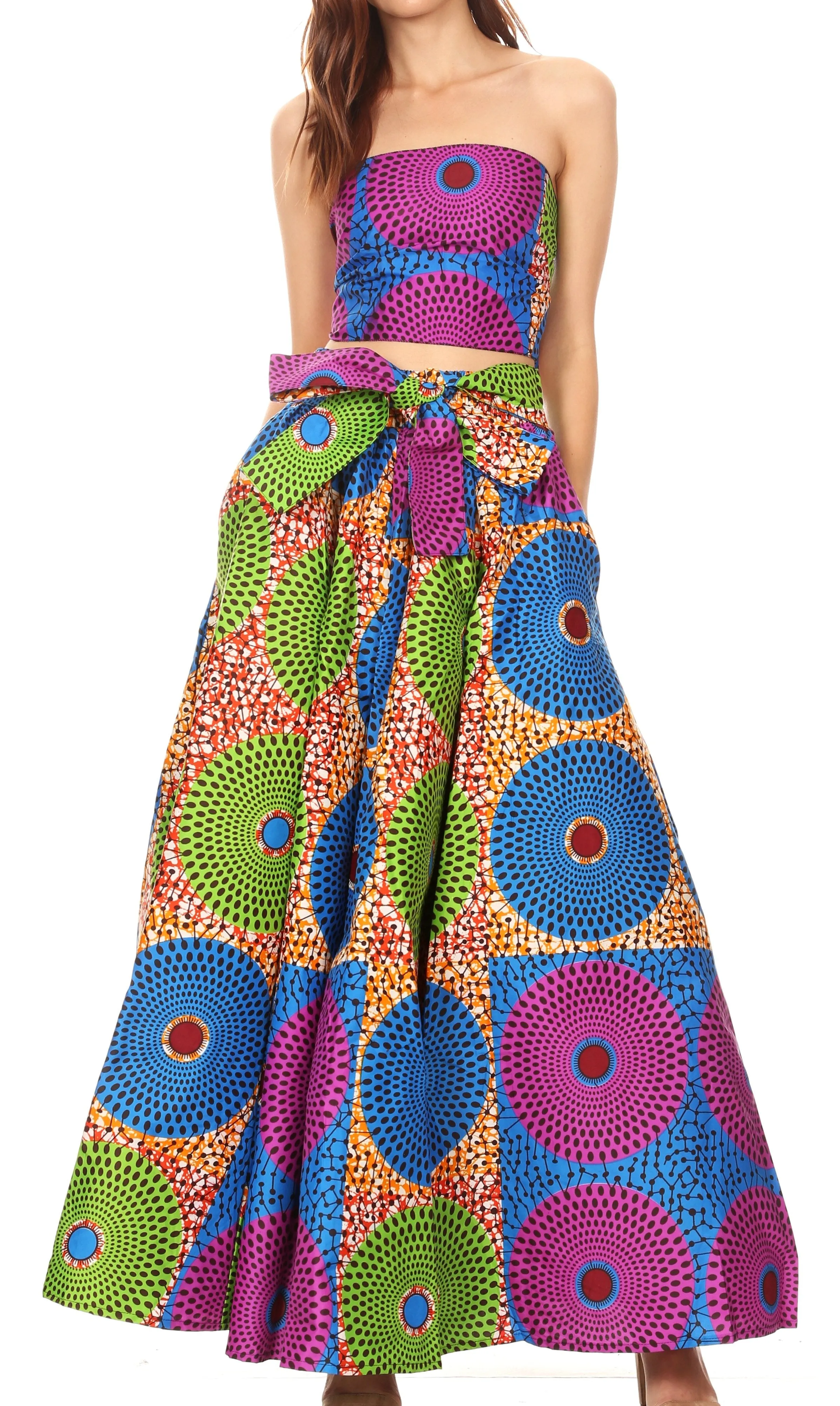 Sakkas Ami Women's Maxi Long African Ankara Print Skirt Pockets & Elastic Waist