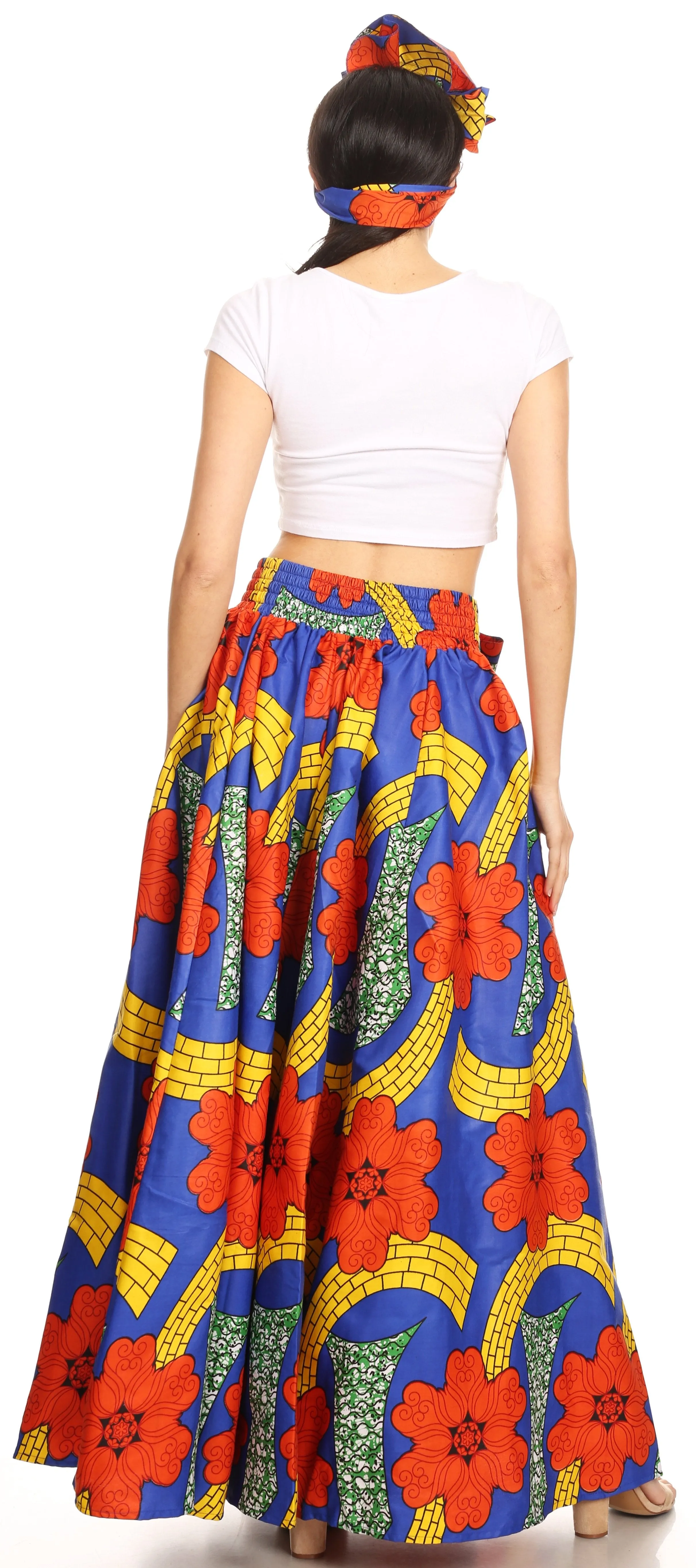 Sakkas Ami Women's Maxi Long African Ankara Print Skirt Pockets & Elastic Waist