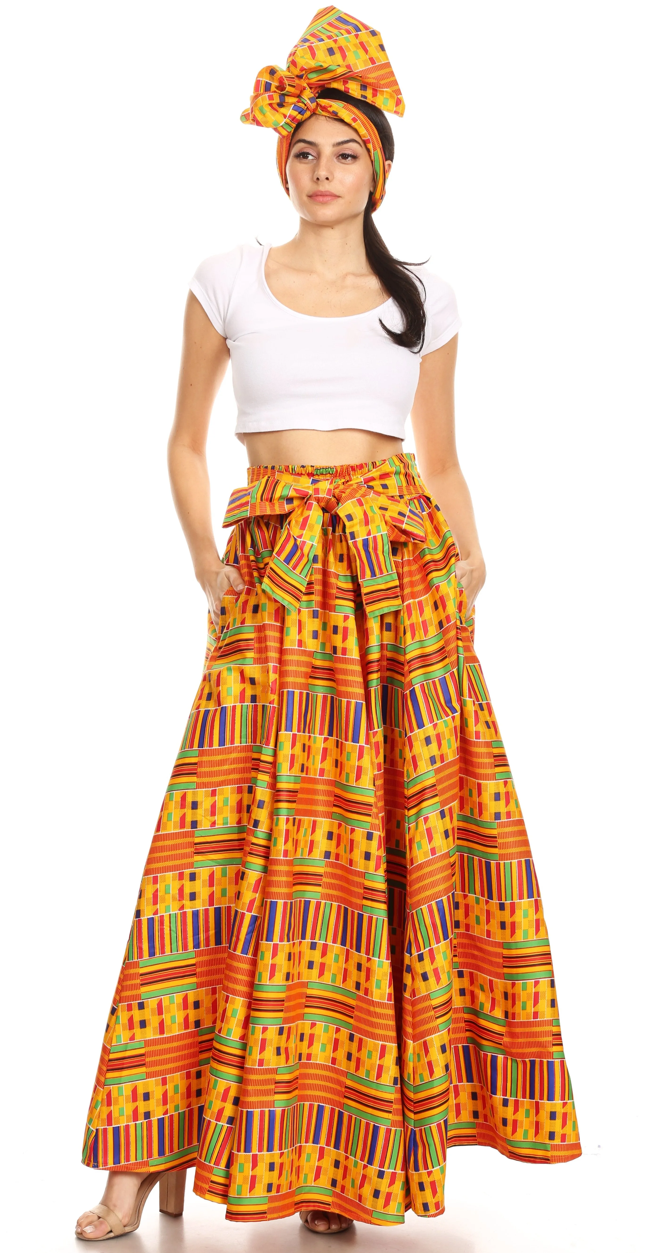 Sakkas Ami Women's Maxi Long African Ankara Print Skirt Pockets & Elastic Waist