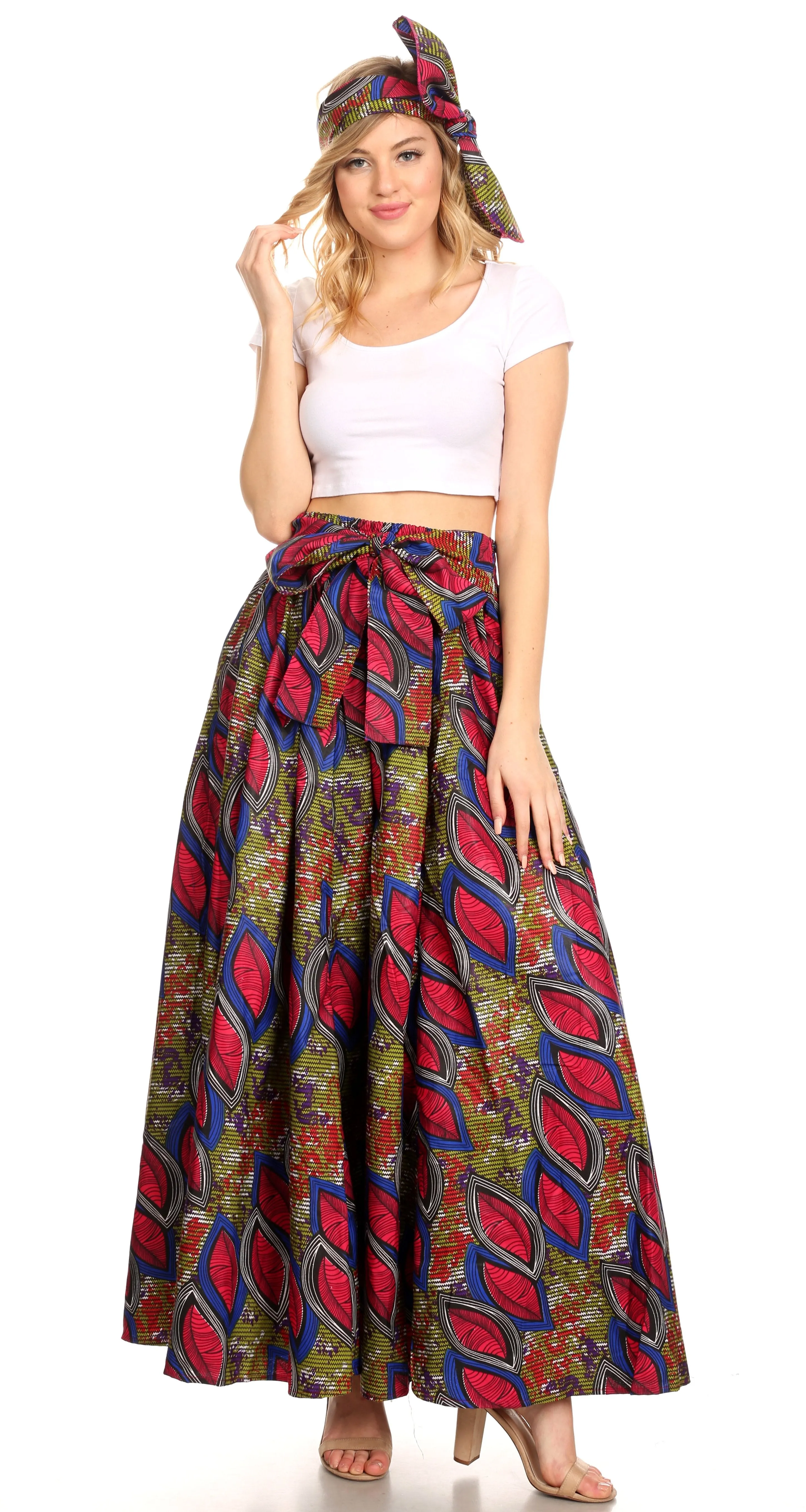 Sakkas Ami Women's Maxi Long African Ankara Print Skirt Pockets & Elastic Waist