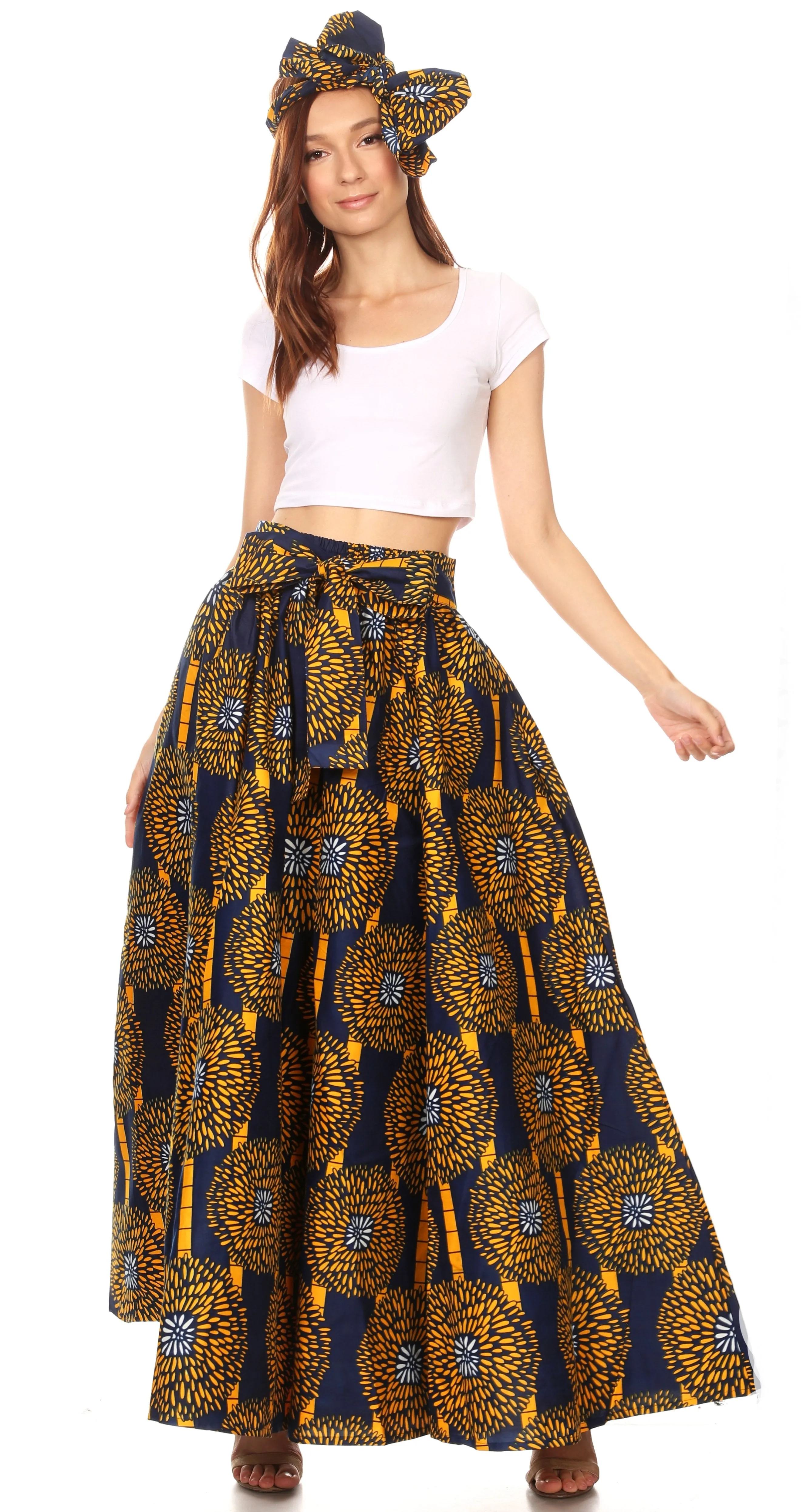 Sakkas Ami Women's Maxi Long African Ankara Print Skirt Pockets & Elastic Waist