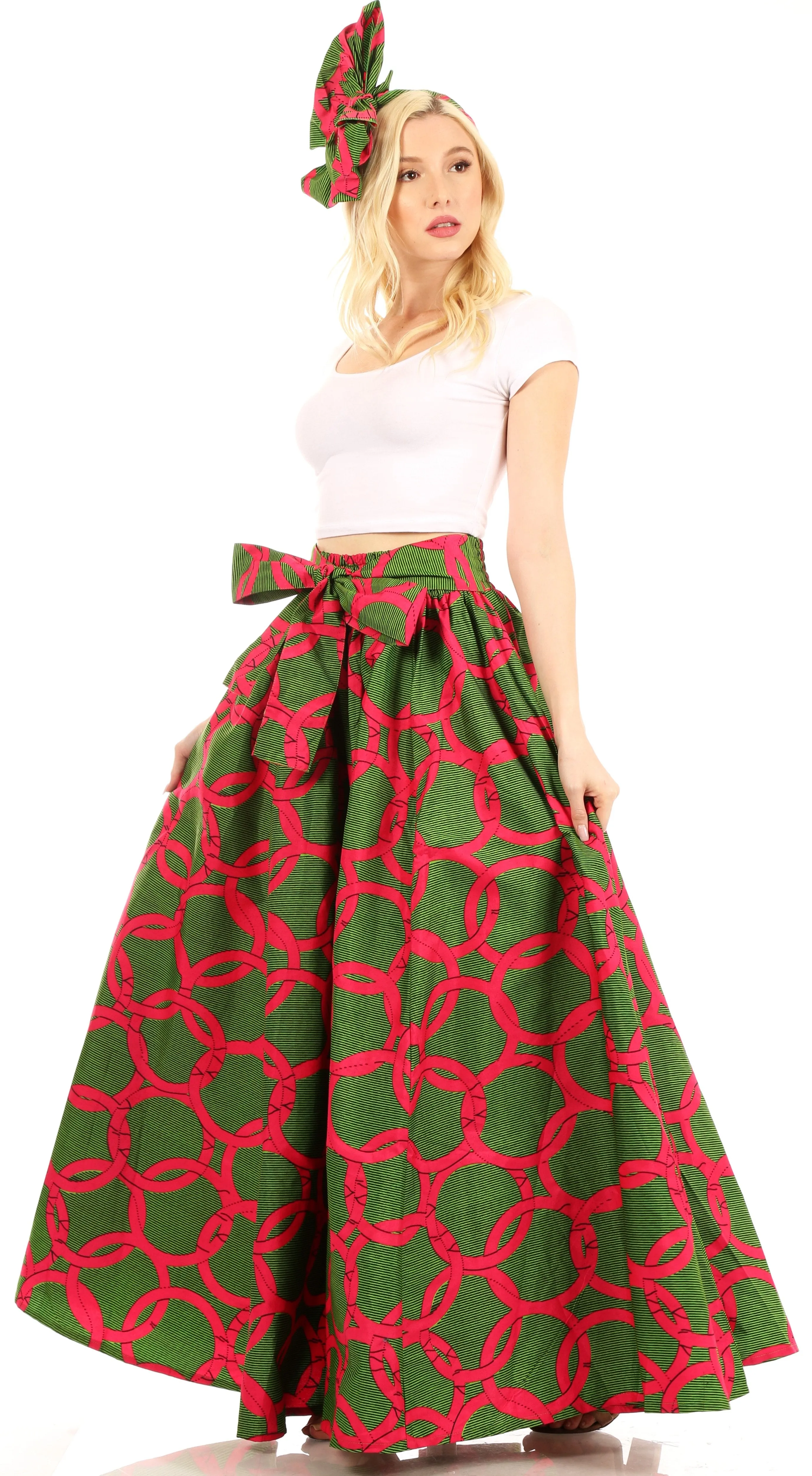 Sakkas Ami Women's Maxi Long African Ankara Print Skirt Pockets & Elastic Waist