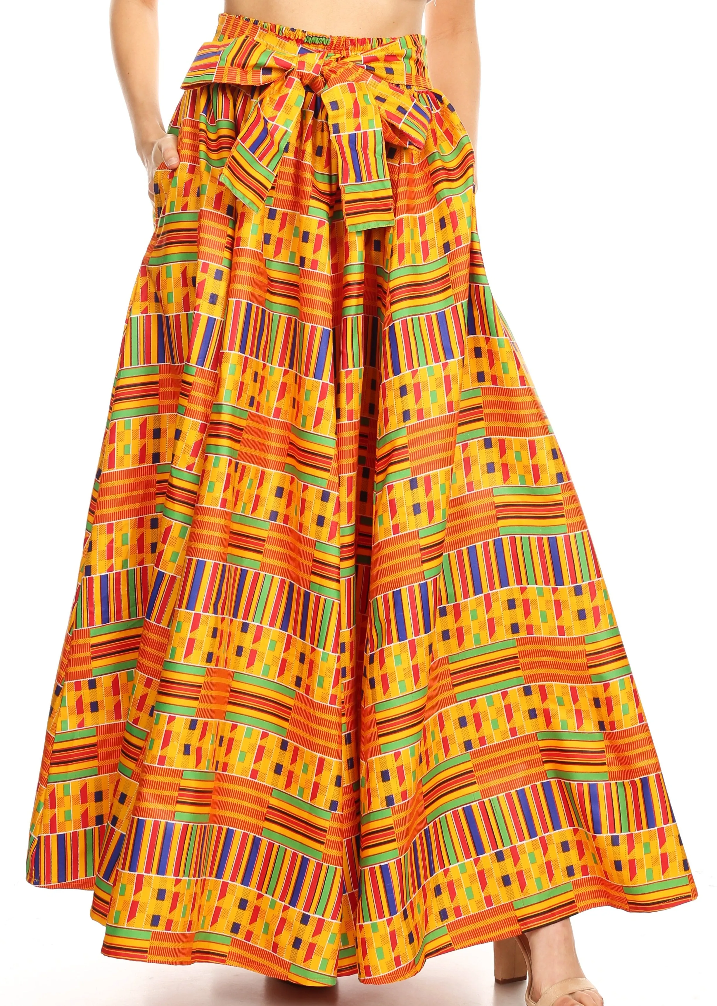 Sakkas Ami Women's Maxi Long African Ankara Print Skirt Pockets & Elastic Waist