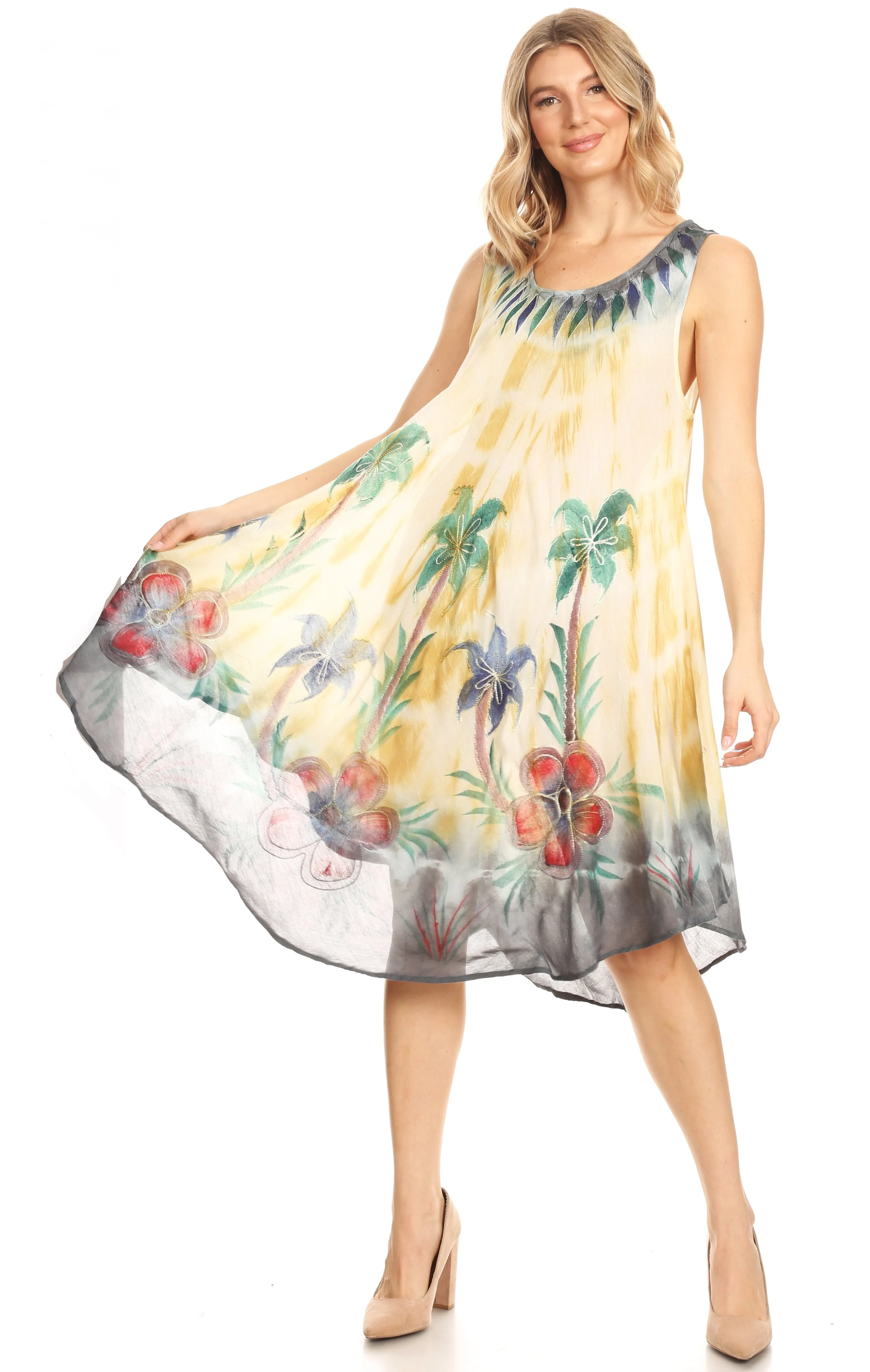 Sakkas Jimena Women's Tie Dye Sleeveless Caftan Dress Sundress Flare Floral Print