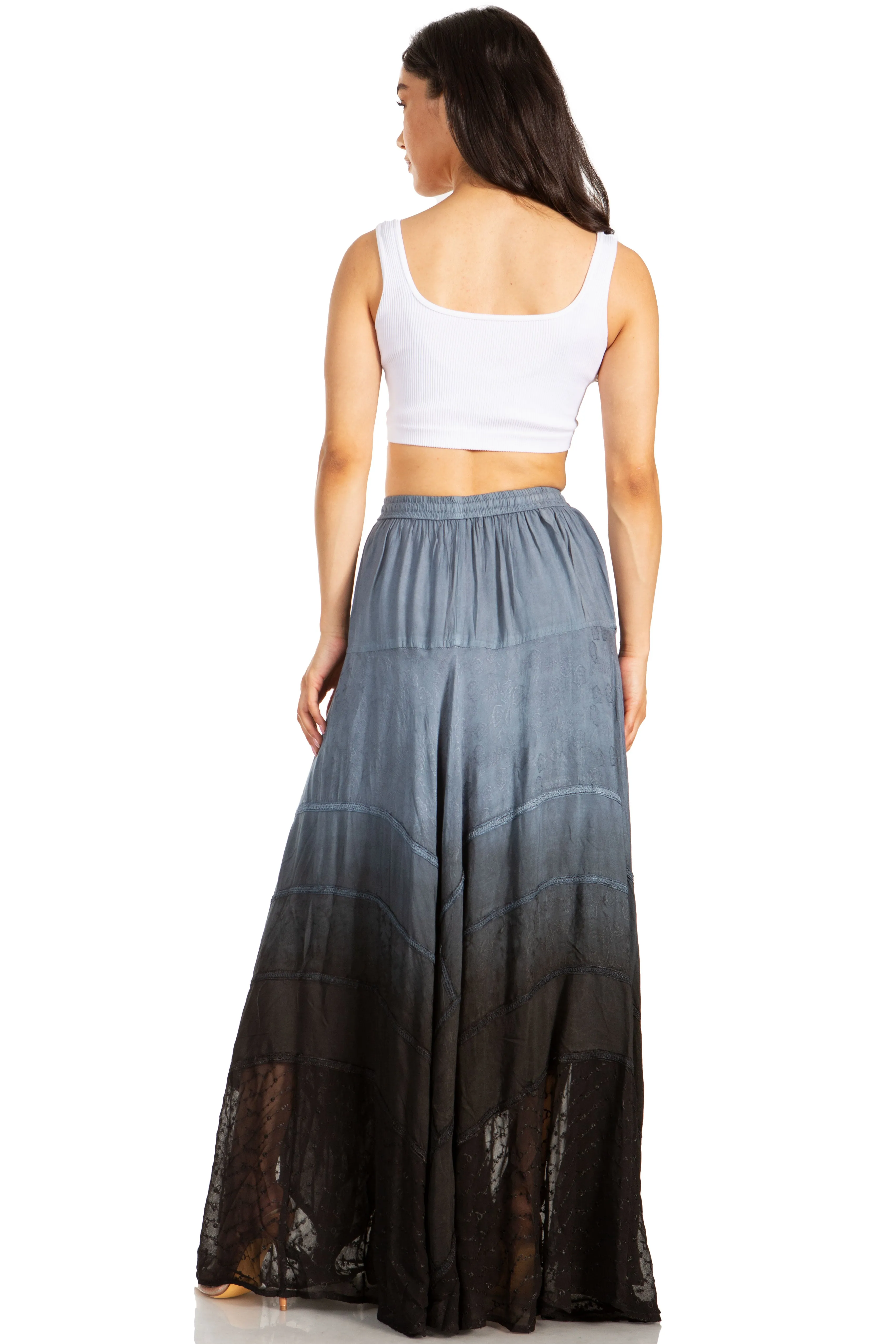 Sakkas Lyra Womens Bohemian Soft Brocade Rayon Tiered Embroidered Flowy Long Skirt