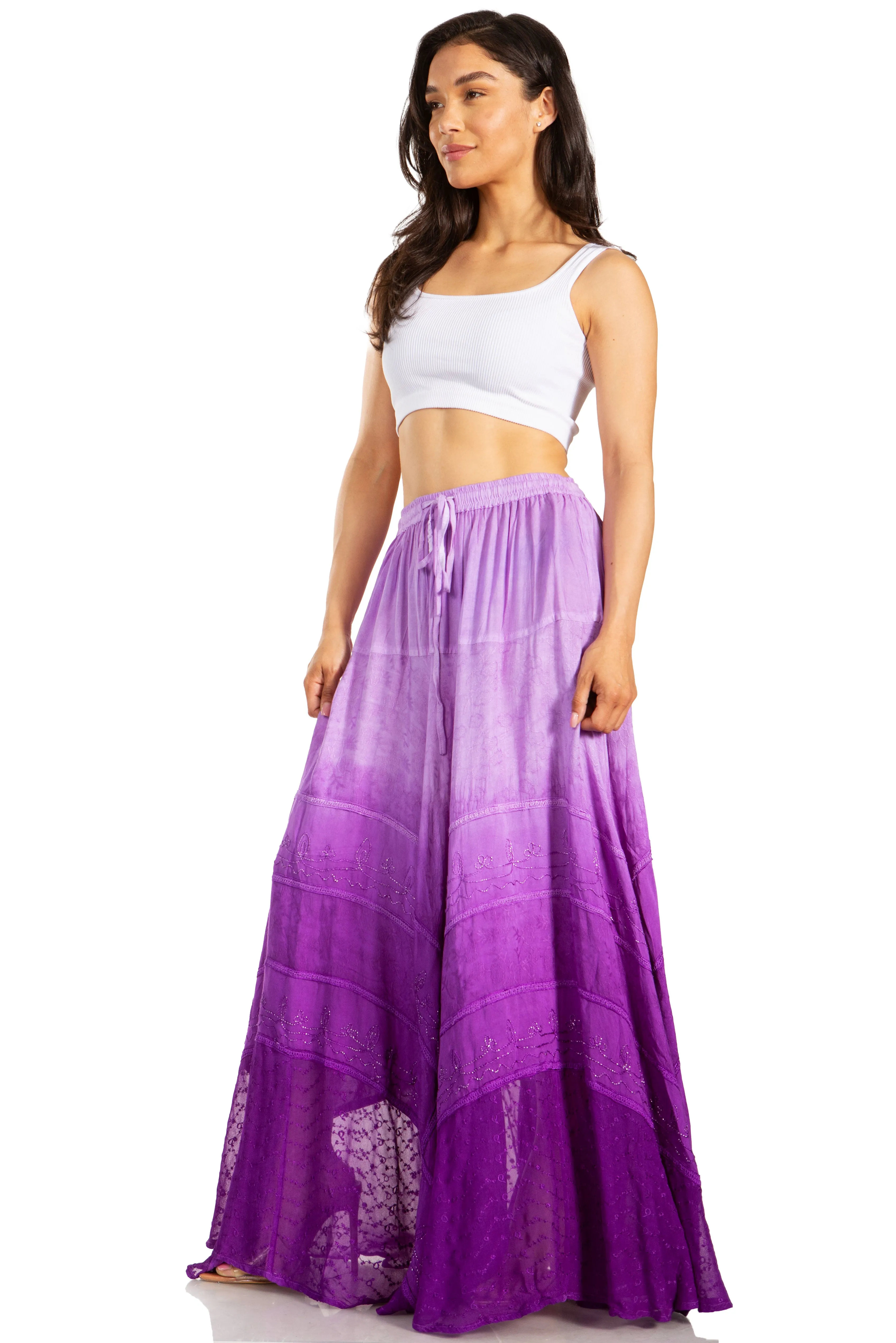 Sakkas Lyra Womens Bohemian Soft Brocade Rayon Tiered Embroidered Flowy Long Skirt