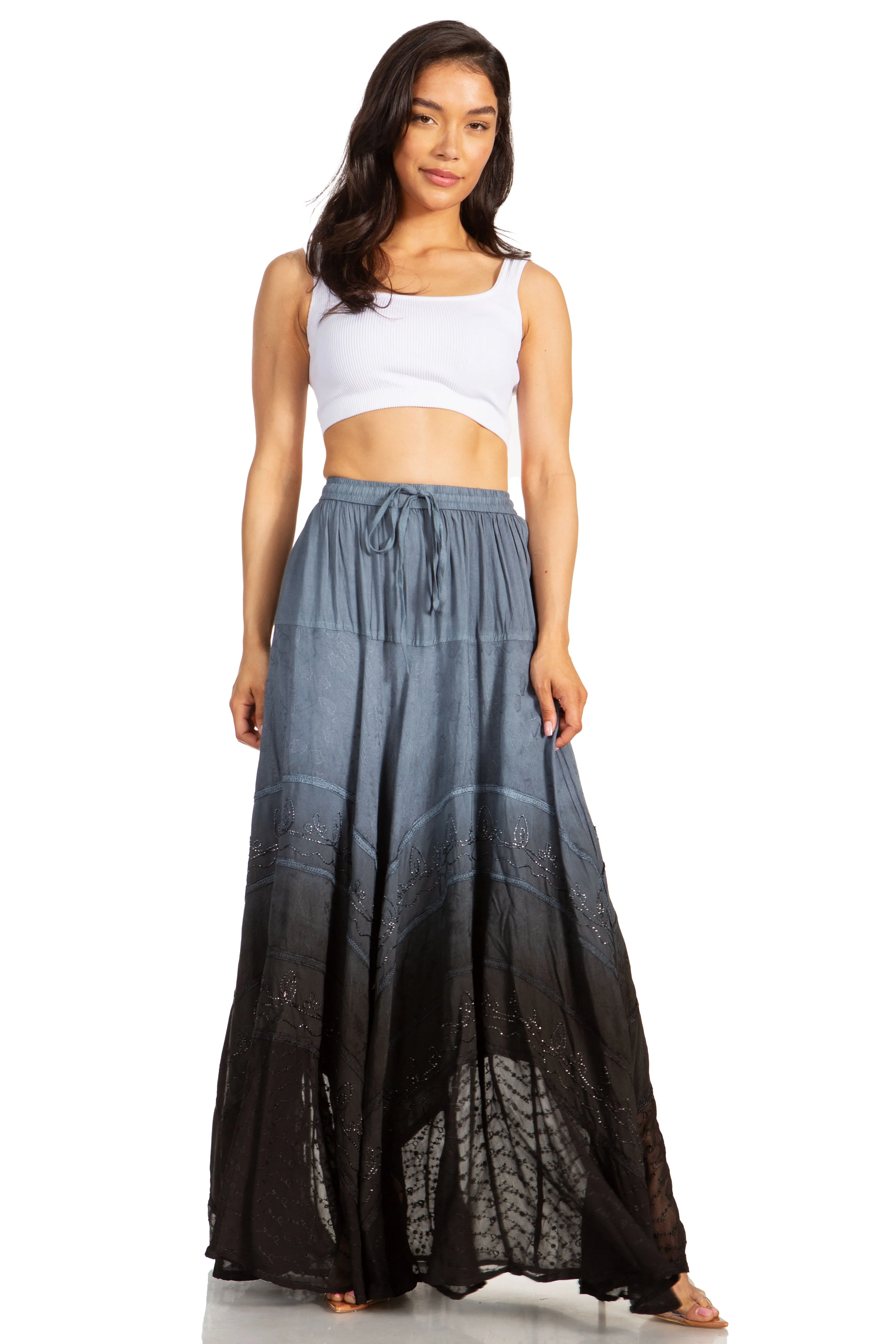 Sakkas Lyra Womens Bohemian Soft Brocade Rayon Tiered Embroidered Flowy Long Skirt