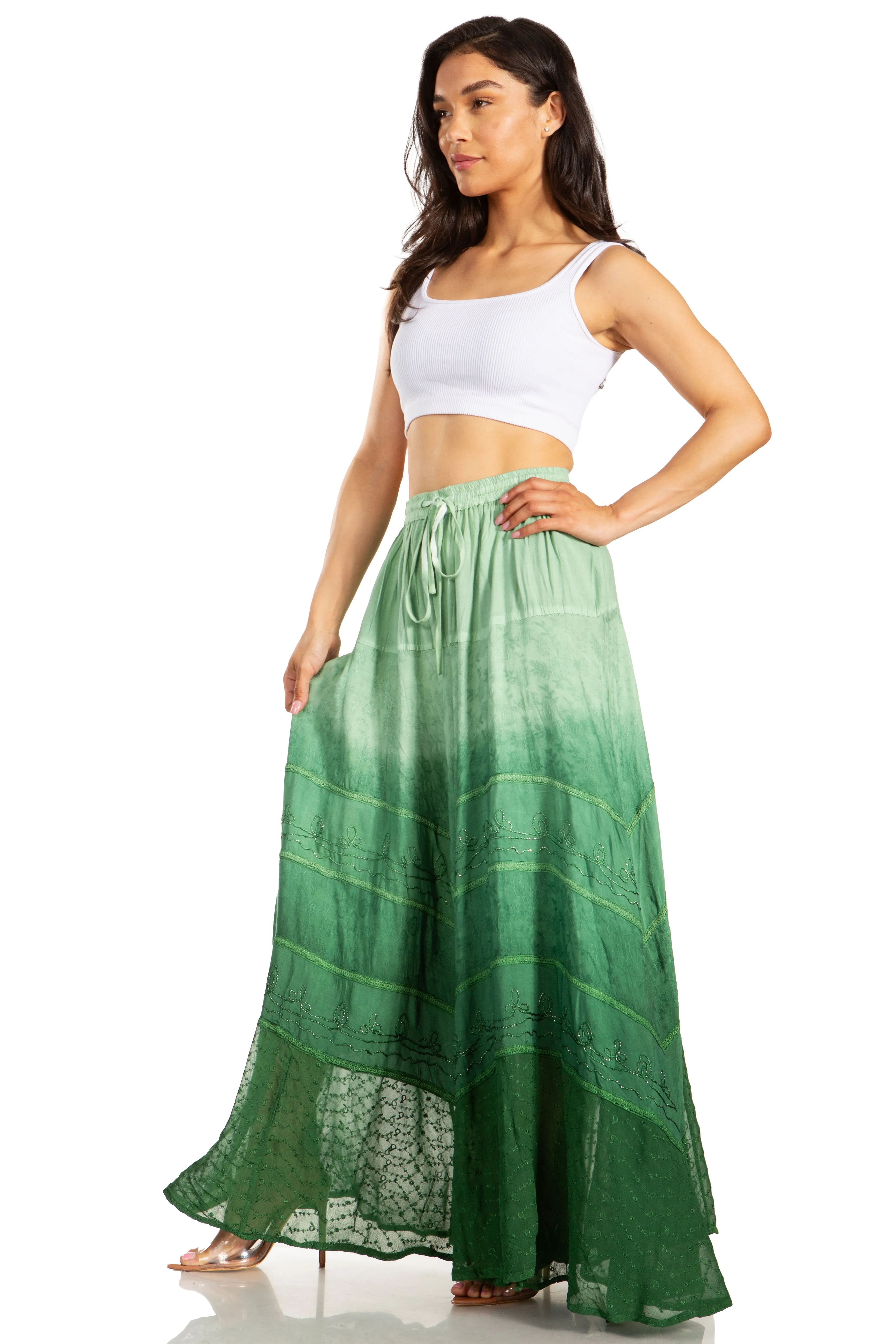 Sakkas Lyra Womens Bohemian Soft Brocade Rayon Tiered Embroidered Flowy Long Skirt