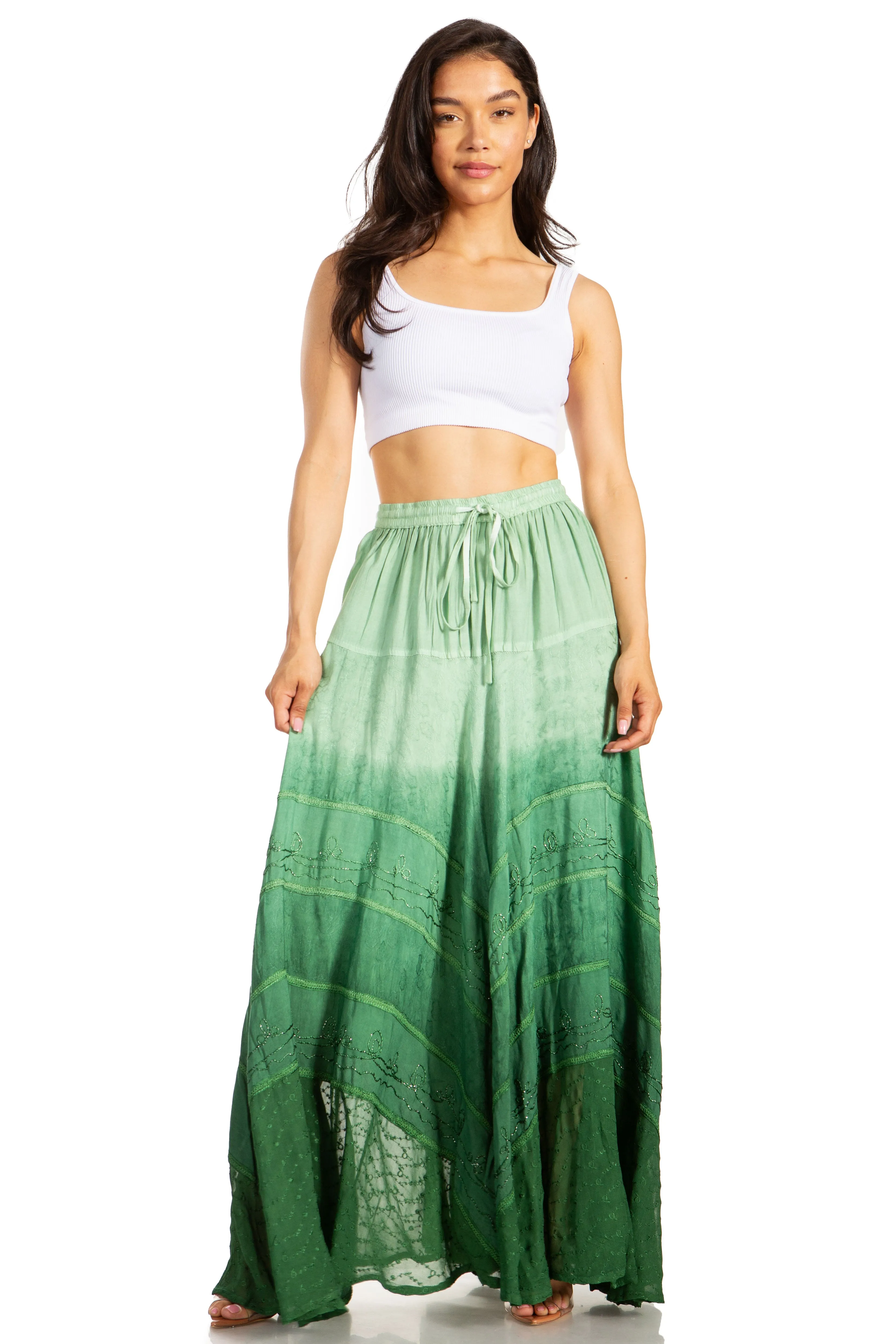 Sakkas Lyra Womens Bohemian Soft Brocade Rayon Tiered Embroidered Flowy Long Skirt