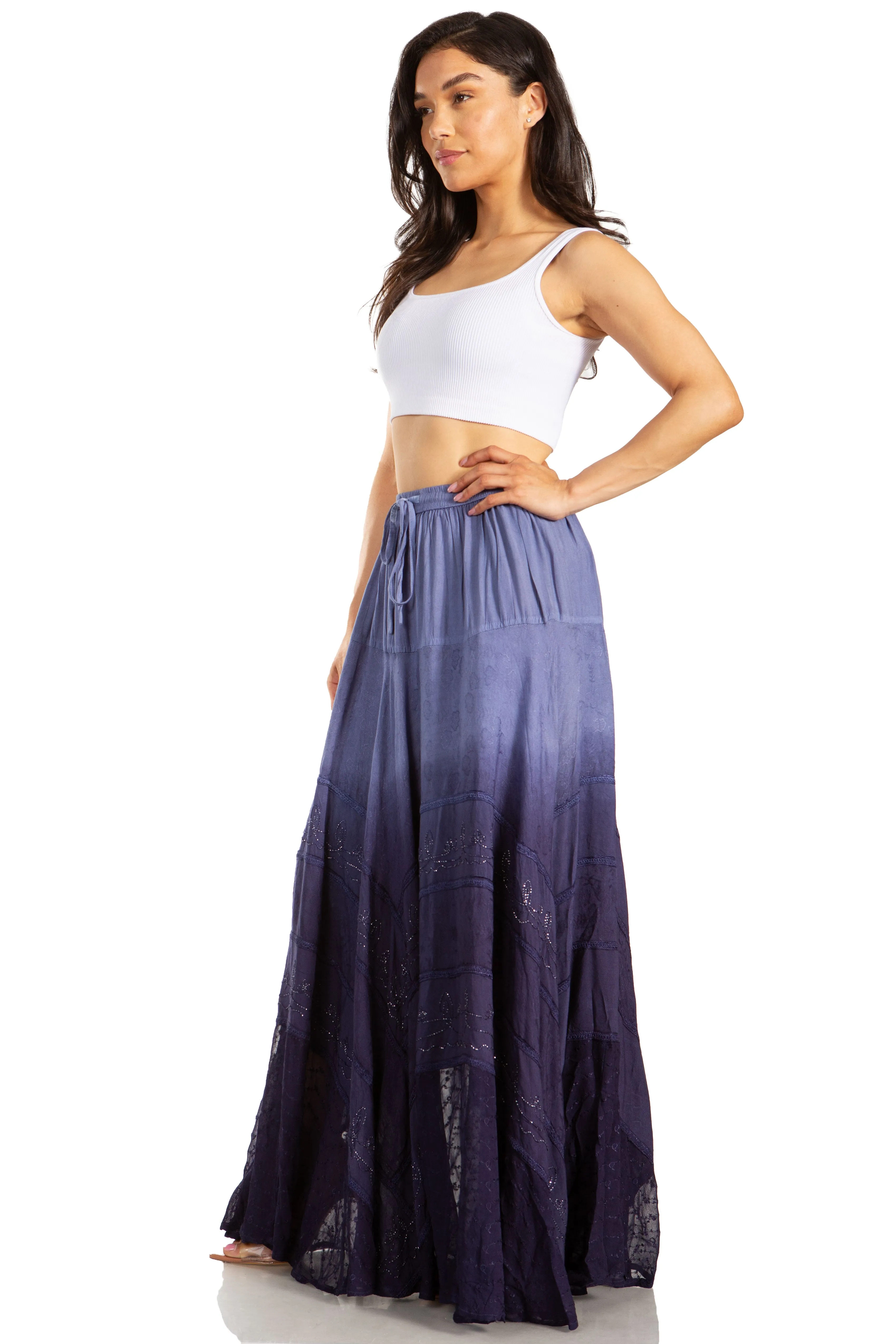 Sakkas Lyra Womens Bohemian Soft Brocade Rayon Tiered Embroidered Flowy Long Skirt