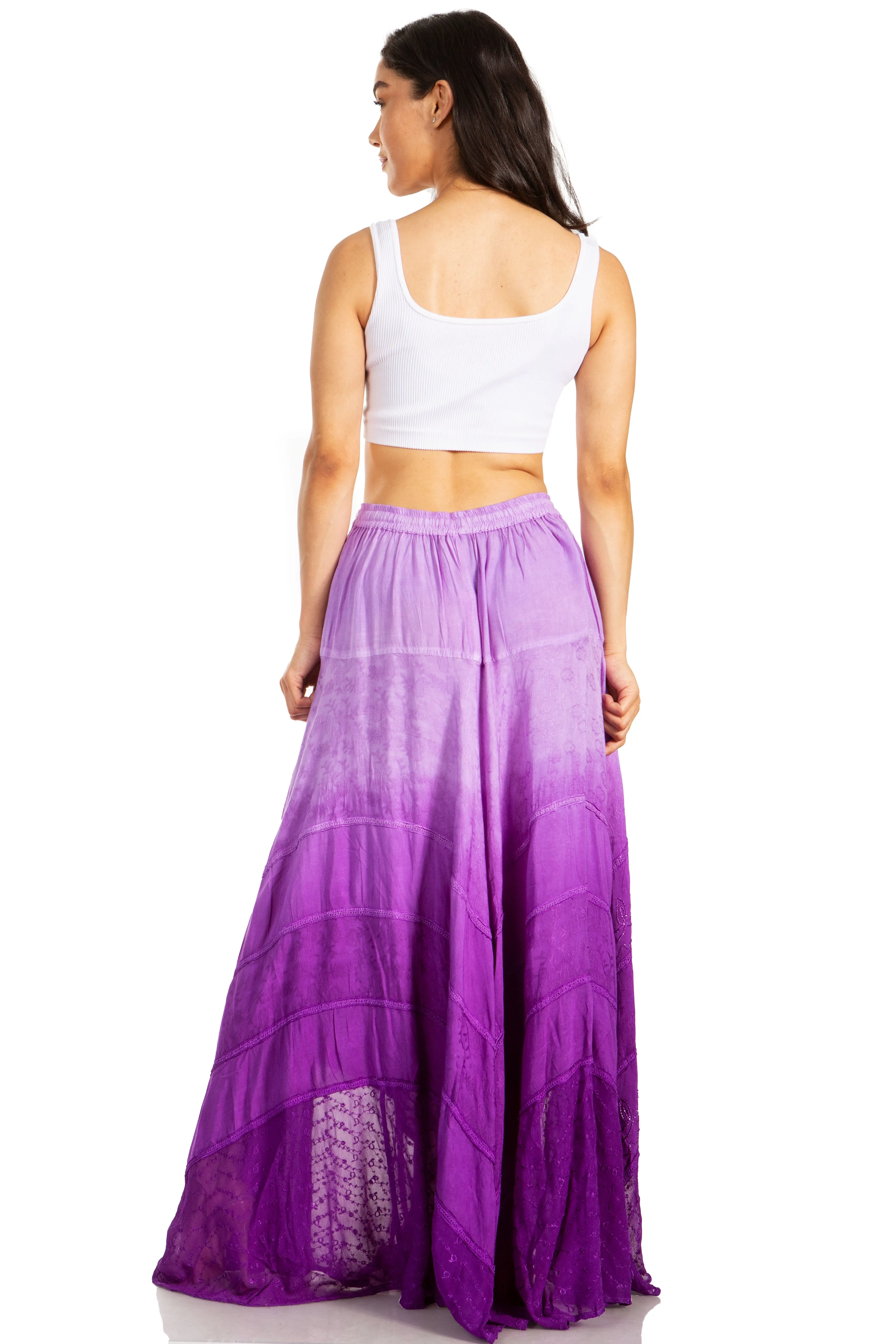 Sakkas Lyra Womens Bohemian Soft Brocade Rayon Tiered Embroidered Flowy Long Skirt