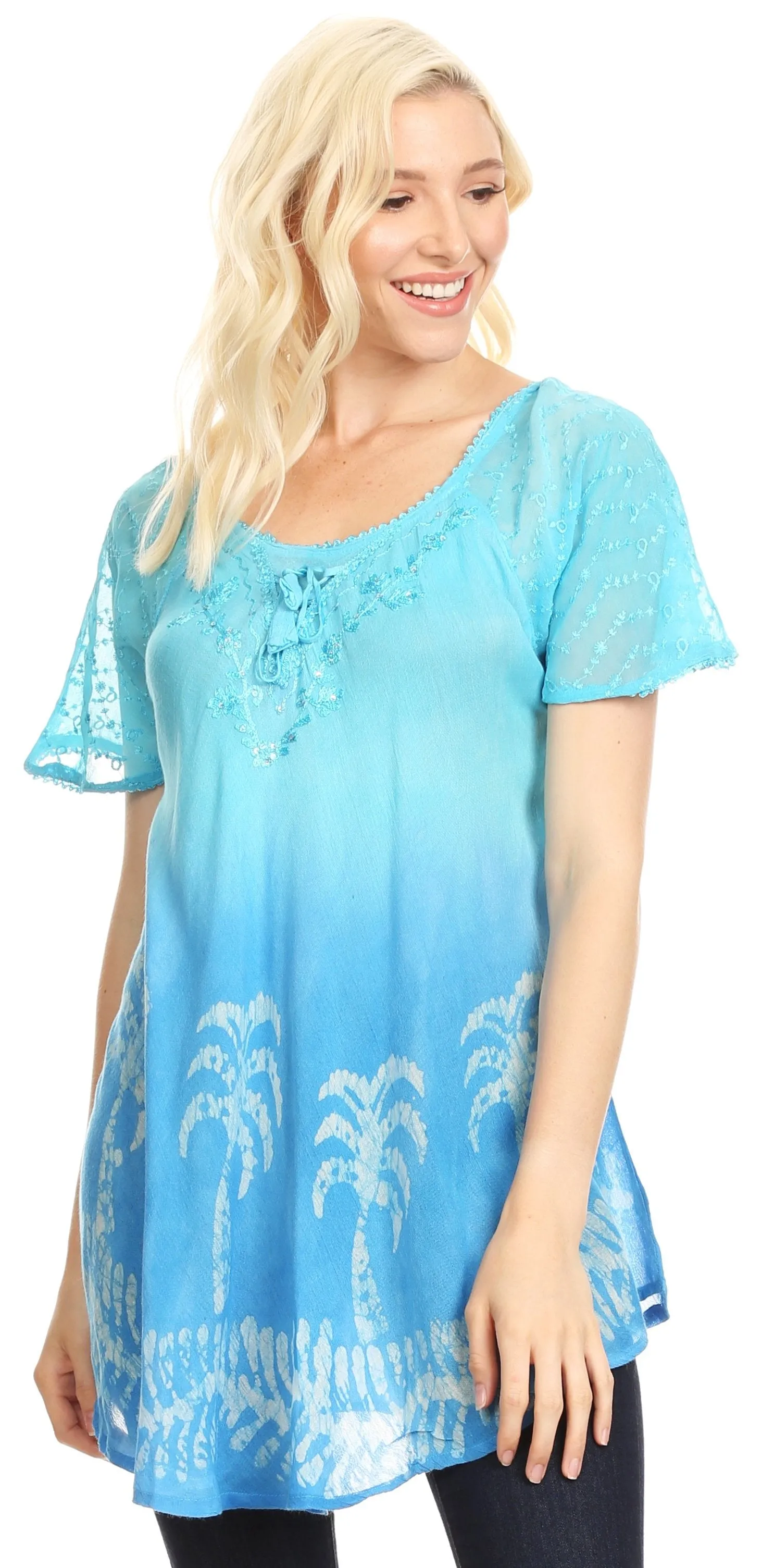 Sakkas Magda Womens Short Sleeve Flare Bohemian Blouse Top Lace Batik Printed