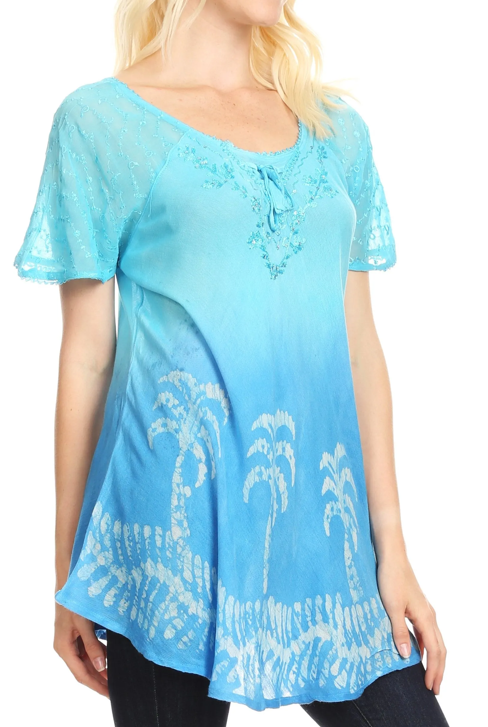 Sakkas Magda Womens Short Sleeve Flare Bohemian Blouse Top Lace Batik Printed