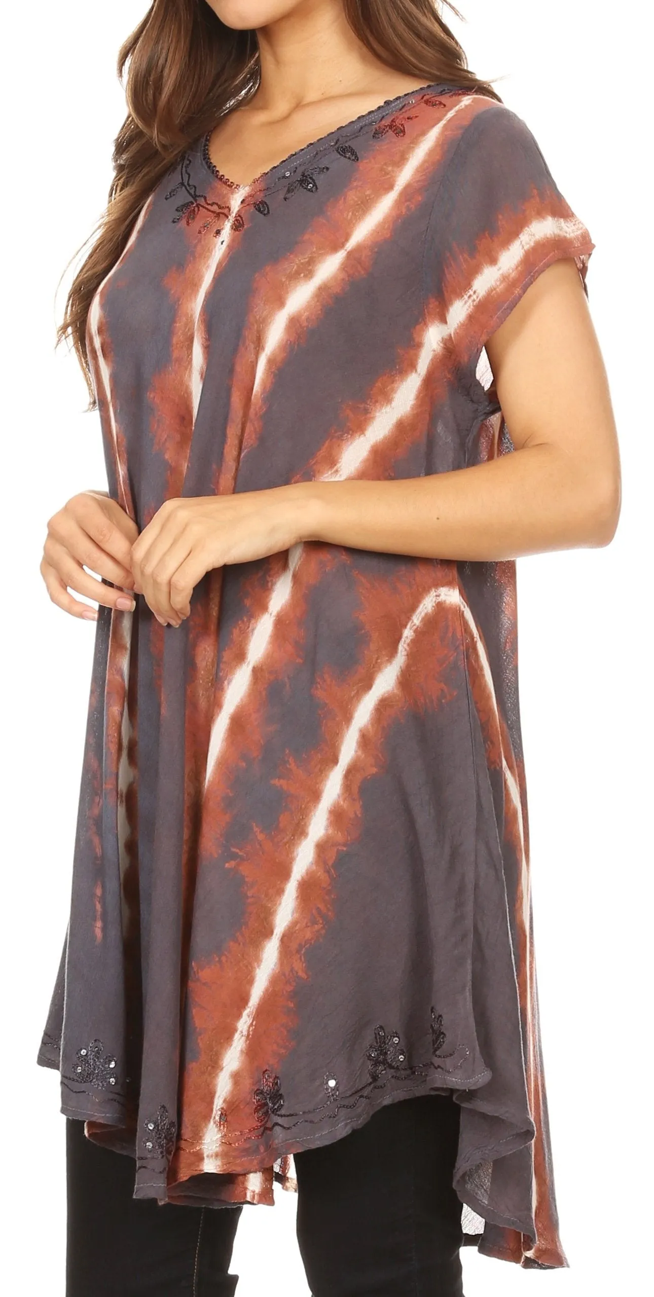 Sakkas Maite Womens Tie Dye V neck Tunic Top Ethnic Summer Style Flowy w/sequin