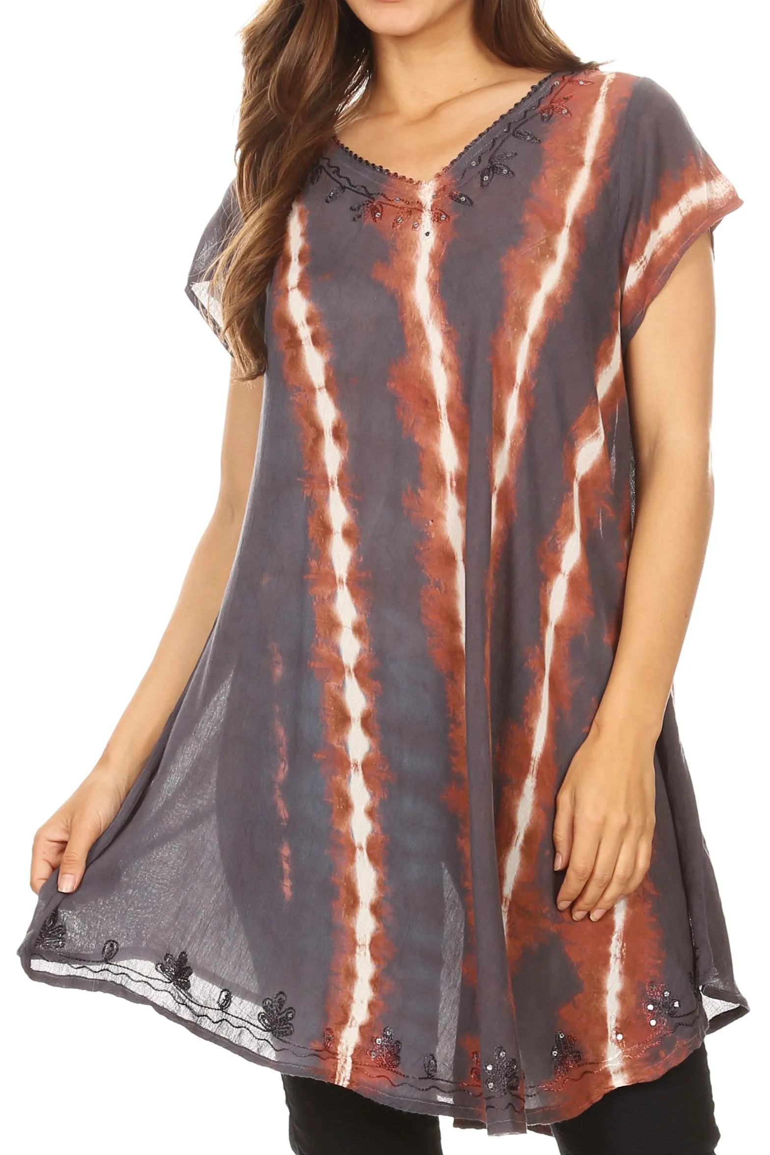 Sakkas Maite Womens Tie Dye V neck Tunic Top Ethnic Summer Style Flowy w/sequin