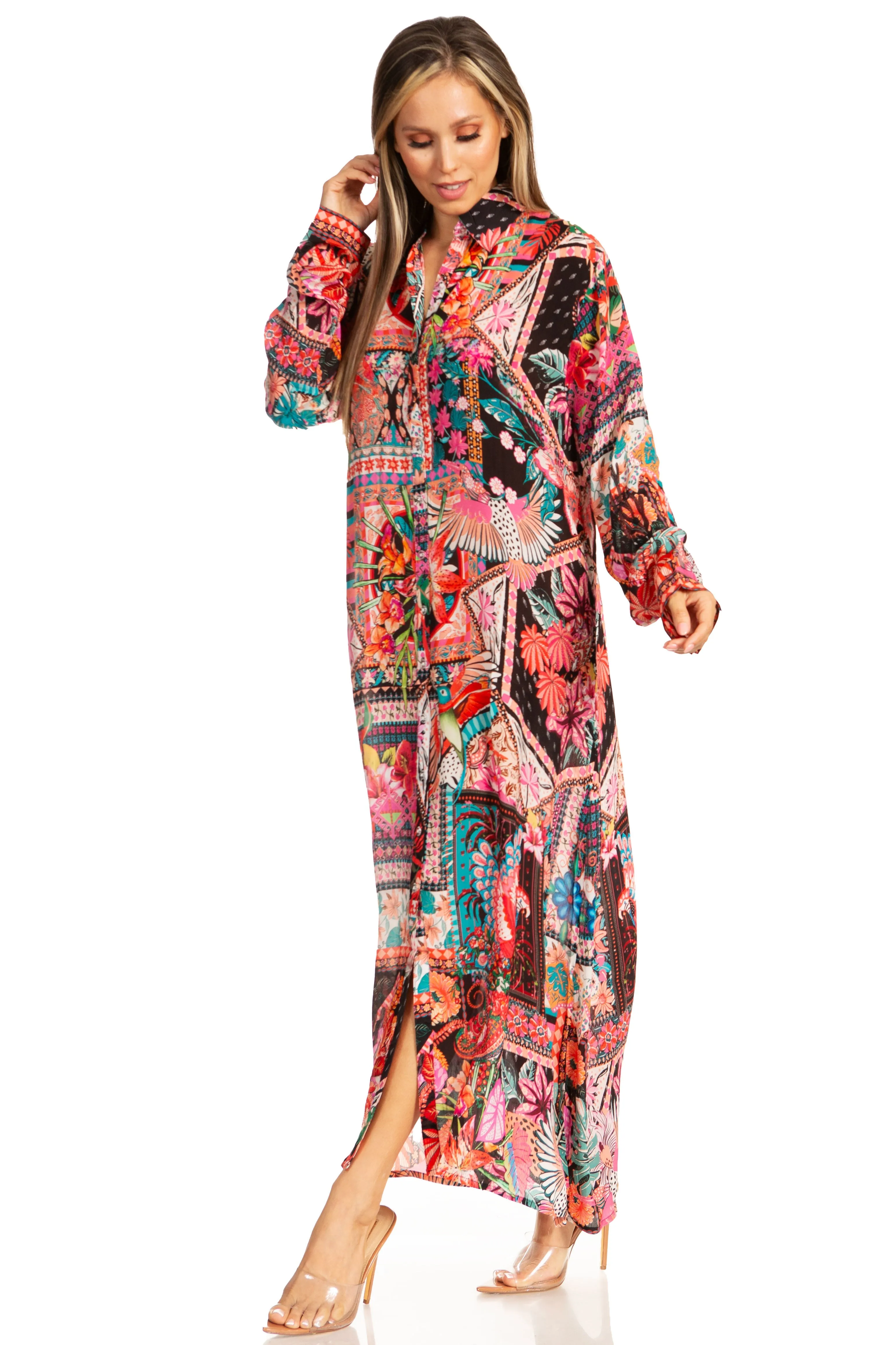 Sakkas Womens Long Sleeves Button Down Spring/Summer Maxi Shirt dress/Beachwear