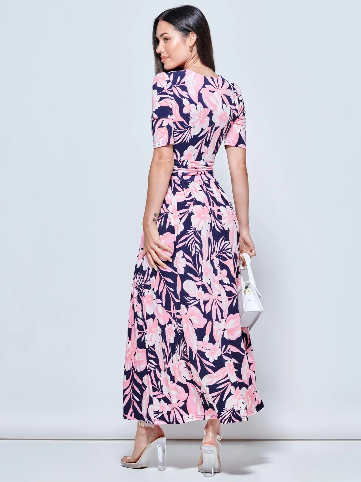 Saniya Print Jersey Maxi Dress, Navy Orange Floral