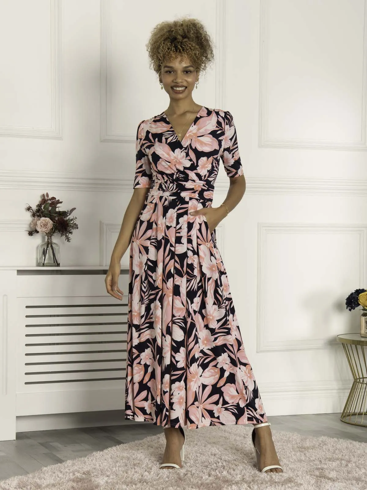 Saniya Print Jersey Maxi Dress, Navy Orange Floral