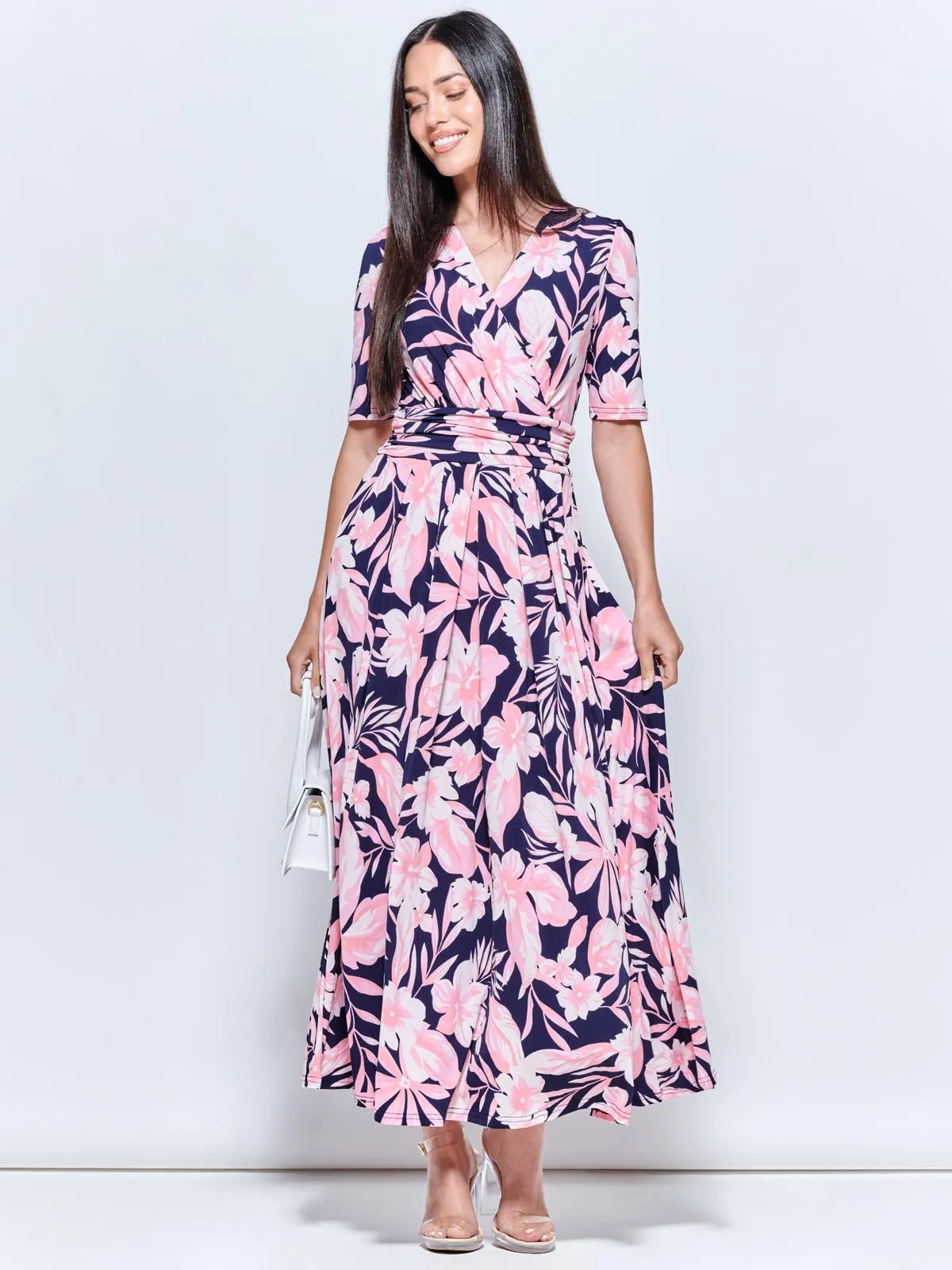 Saniya Print Jersey Maxi Dress, Navy Orange Floral