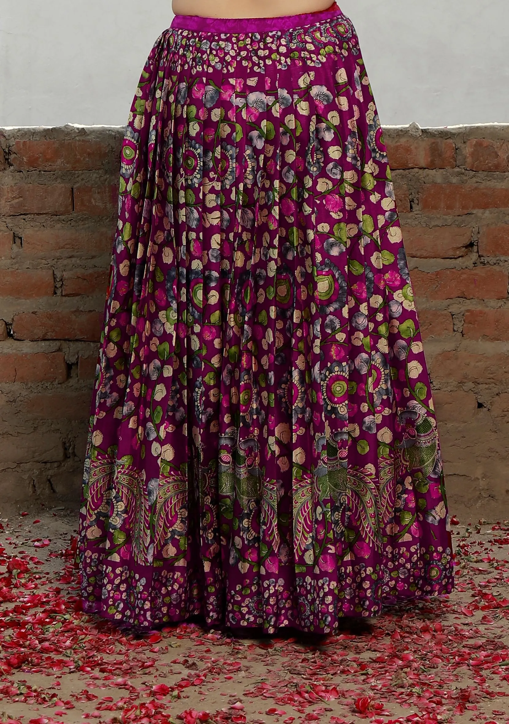 Set Of 2: Plum Kalamkari Printed Cotton Silk High Neck Crop Blouse With Printed Cotton Silk Pleated Long Skirt