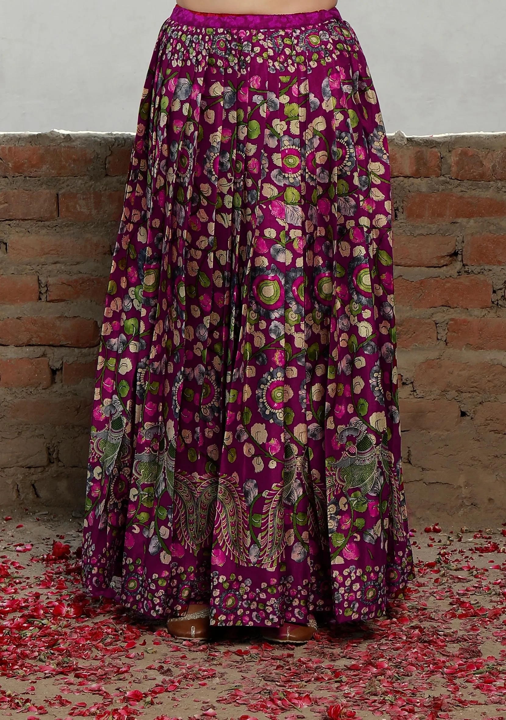 Set Of 2: Plum Kalamkari Printed Cotton Silk High Neck Crop Blouse With Printed Cotton Silk Pleated Long Skirt