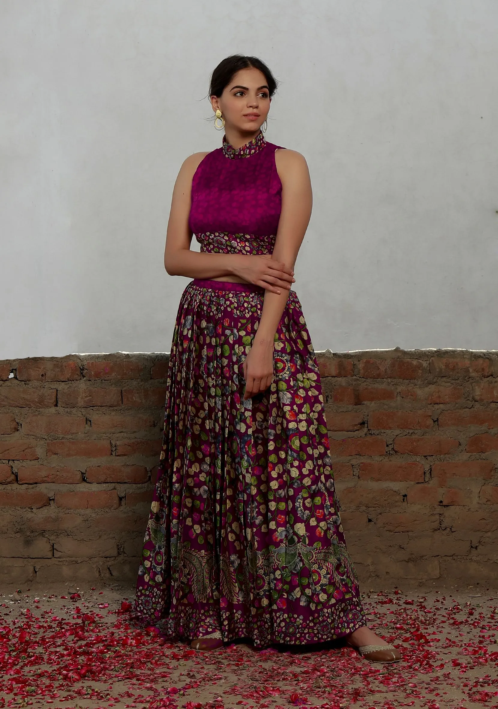 Set Of 2: Plum Kalamkari Printed Cotton Silk High Neck Crop Blouse With Printed Cotton Silk Pleated Long Skirt