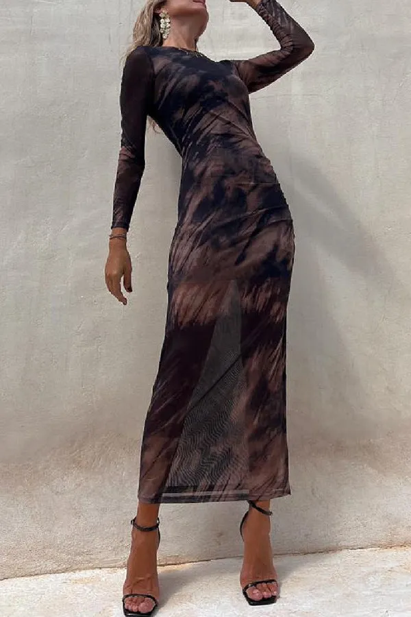 Sexy Tie Dye Print Mesh Slim Stretch Long Sleeve Dress